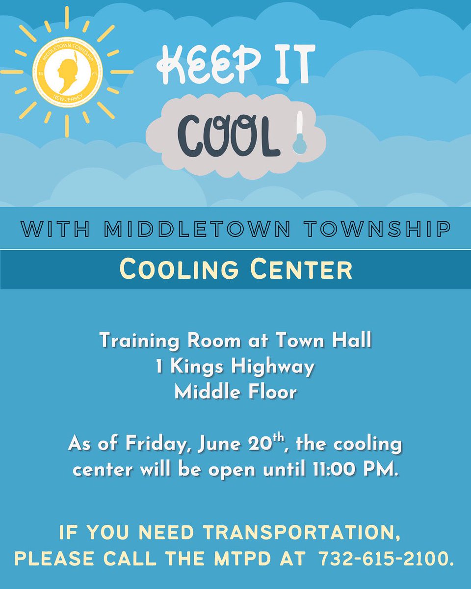 📣 A cooling center at Town Hall is currently available for those still without power. If you need some cool air or have to charge your phone, we strongly encourage you to stop by. 

Please call the Middletown Township Police Department at 732-615-2100 if you need transportation.