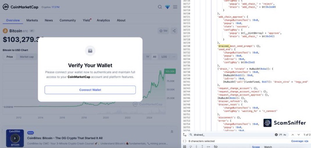 🚨 BREAKING 🚨

CoinMarketCap, the number 1 coin ranking site has been hacked

A drainer pop up appears asking you to “verify your wallet” when you visit the site 

DO NOT CONNECT