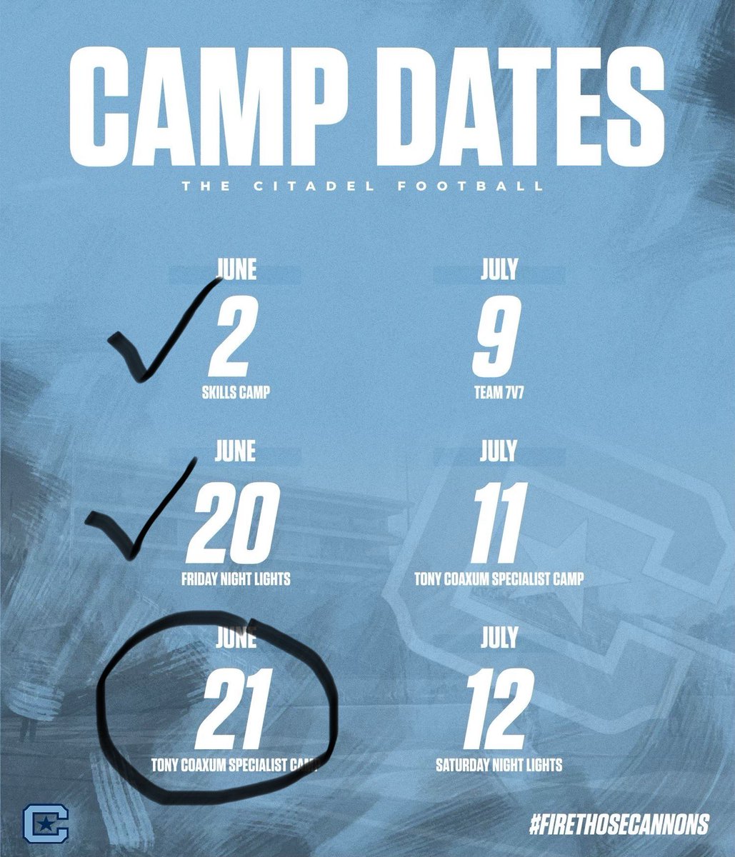 Tony Coaxum (@coachcoax17) on Twitter photo Great turnout today at our Friday Night Lights camp! We are not done yet!! Specialists-it’s your turn tomorrow morning at <a href="/CitadelFootball/">The Citadel Football</a>! Come show us what you got!! #TipOfTheSpear #EOD #FireThoseCannons Great turnout today at our Friday Night Lights camp! We are not done yet!! Specialists-it’s your turn tomorrow morning at <a href="/CitadelFootball/">The Citadel Football</a>! Come show us what you got!! #TipOfTheSpear #EOD #FireThoseCannons
