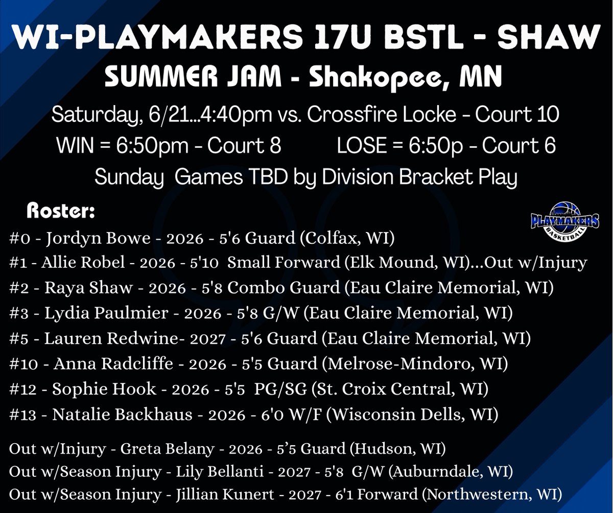 WI Playmakers 17U BSTL & 17U BSSL (@playmkrs17u) on Twitter photo 🚨Back at it tomorrow!
Updated Saturday Schedule for 17u BSTL (Shaw) in Shakopee
<a href="/Shaw_Playmakers/">Coach Aaron</a> <a href="/playmkrsgirls/">Wisconsin Playmakers</a> <a href="/Coach_Peplinski/">Coach Pep</a> 🚨Back at it tomorrow!
Updated Saturday Schedule for 17u BSTL (Shaw) in Shakopee
<a href="/Shaw_Playmakers/">Coach Aaron</a> <a href="/playmkrsgirls/">Wisconsin Playmakers</a> <a href="/Coach_Peplinski/">Coach Pep</a>