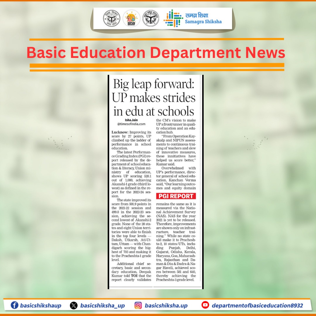 A big leap for UP in school education—PGI score rises by 27 points, reflecting the impact of Kayakalp, NIPUN, and continuous reforms being made by the Yogi government.

#ParakhSurvey  #NipunBharat
#basiceducationnews 

<a href="/UPGovt/">Government of UP</a>
<a href="/myogiadityanath/">Yogi Adityanath</a>
<a href="/EduMinOfIndia/">Ministry of Education</a>
<a href="/thisissanjubjp/">Sandeep Singh</a>