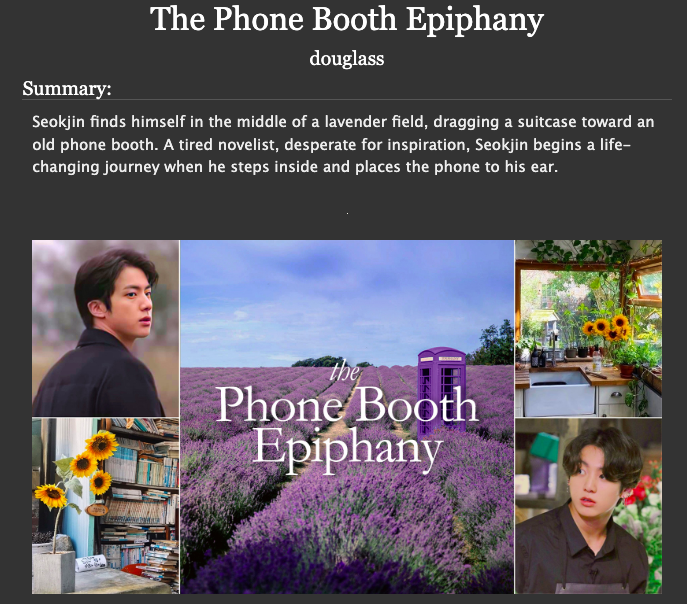 9297recs's tweet photo. The Phone Booth Epiphany by douglass (@douglass_fern)

→ explicit , 25,045
→ strangers to lovers
→ slow burn, fluff and smut
→ single parent!jk
→ jinkook-freeform
→ angst with happy ending, kinda magical

https://t.co/zniSTLa9xl https://t.co/gI605fseud