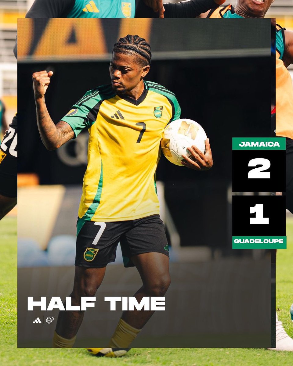 HALF TIME: 🇯🇲 2 - 1 🇬🇵

The Boyz underway for what they came for! 

Goals, grit, and pure Jamaican heart on display.

Let’s seal this one in the second half! 💪🏾🔥

#ReggaeBoyz #RoadTo2026 #OneTeamOneDream #HalfTimeUpdate #JamaicaFootball