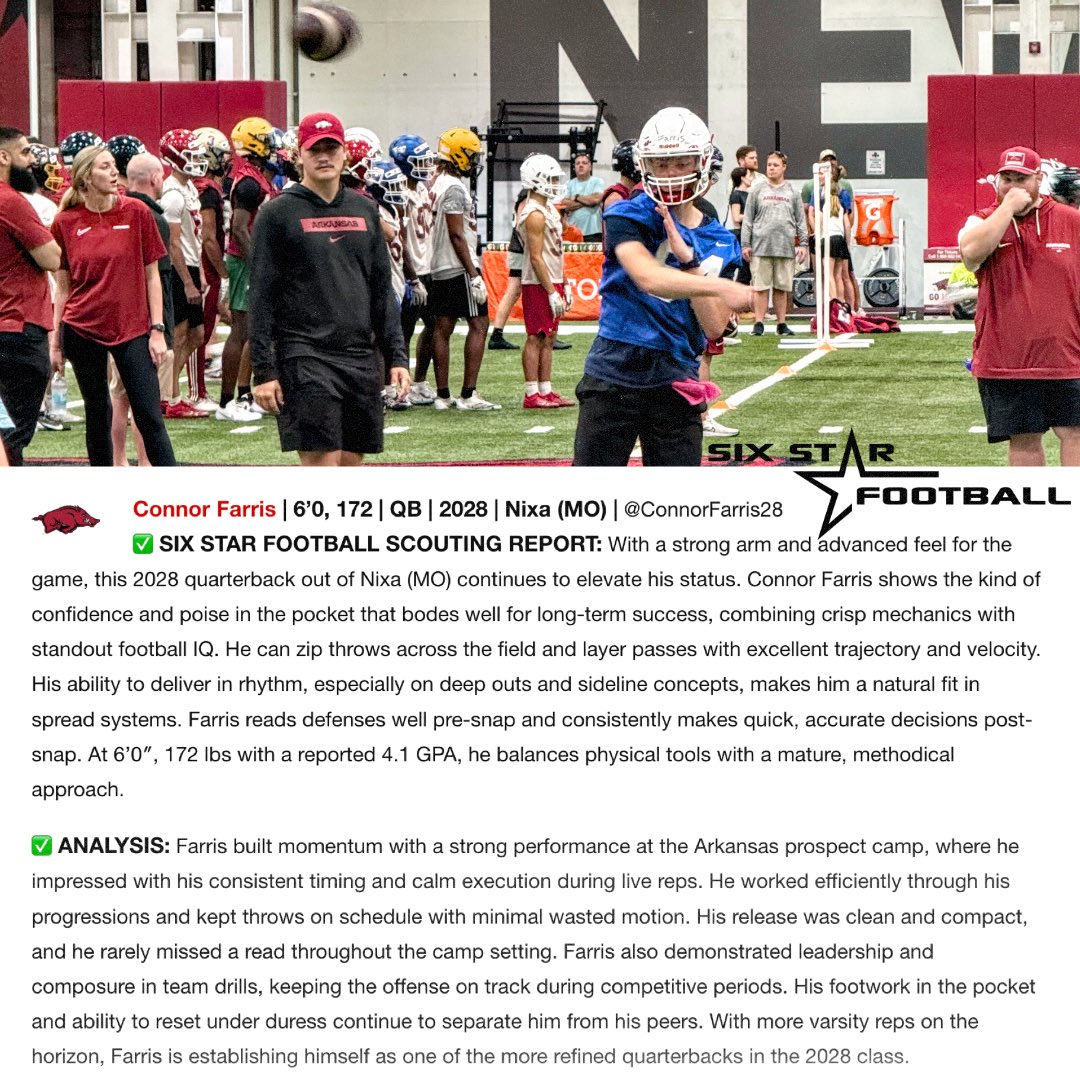 Connor Farris (@connorfarris28) on Twitter photo This is the full write up from <a href="/sixstarfootball/">Six Star Football | PLUS+</a> on <a href="/ConnorFarris28/">Connor Farris</a> at the <a href="/RazorbackFB/">Arkansas Razorback Football</a> camp. This is the full write up from <a href="/sixstarfootball/">Six Star Football | PLUS+</a> on <a href="/ConnorFarris28/">Connor Farris</a> at the <a href="/RazorbackFB/">Arkansas Razorback Football</a> camp.