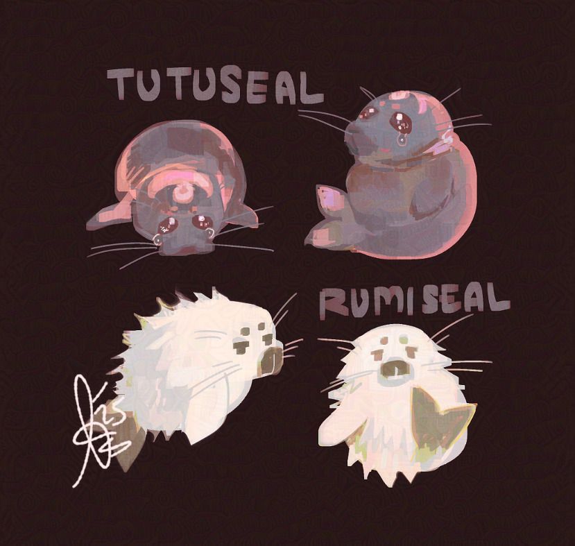 shrimplify's tweet image. Pathetic Tutuseal and Rumiseal. With the power of art on my side, I draw my OCs being stupid.