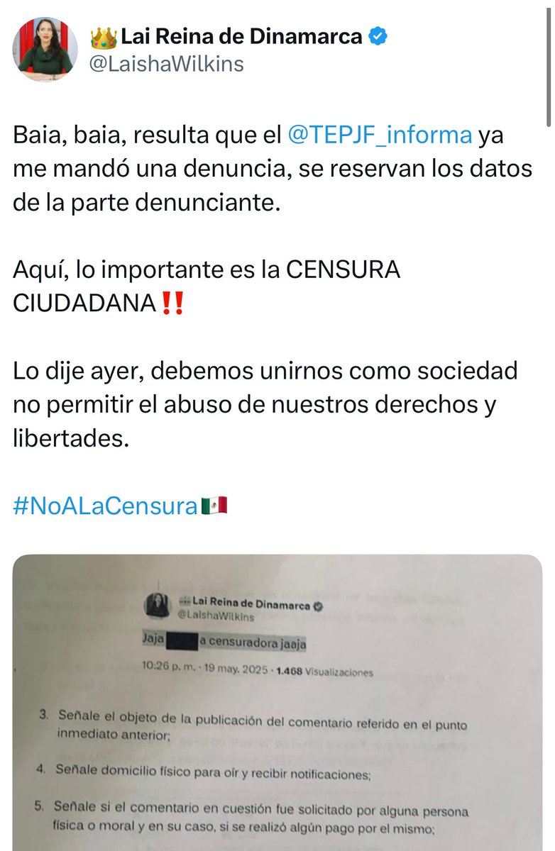 🗣️🚨Laisha Wilkins vs #TEPJF

La actriz denunció que el Tribunal Electoral la notificó por un tuit donde llamó “censuradora” a una candidata.
“Aquí lo importante es la censura ciudadana”, cuestiona Wilkins, en medio de una polémica sobre libertad de expresión en redes.👇🏼