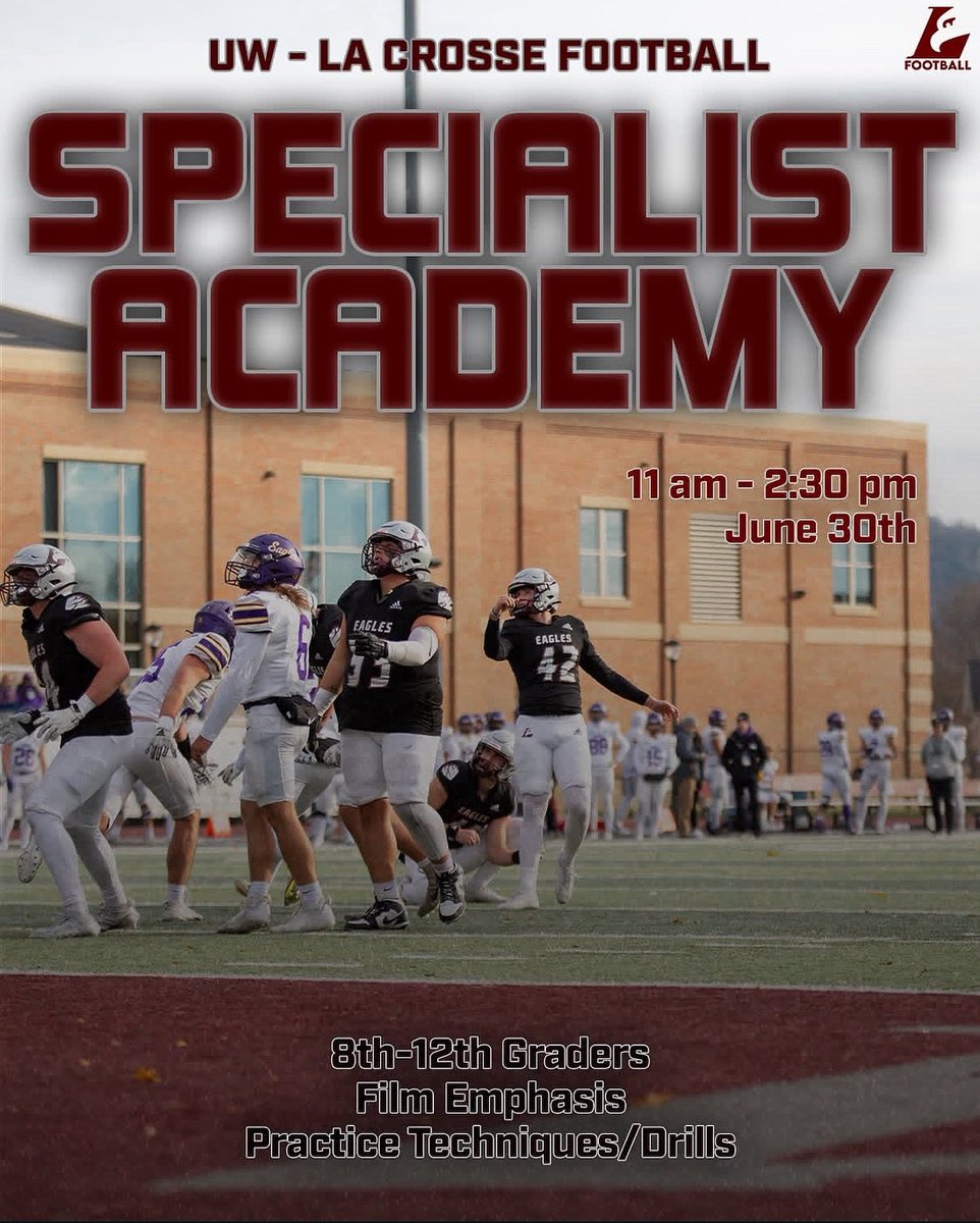UWLEagleFB's tweet image. Specialist Academy! Sign up at football.uwlcamps.com 🦅🏈

#TheExperience #d3fb