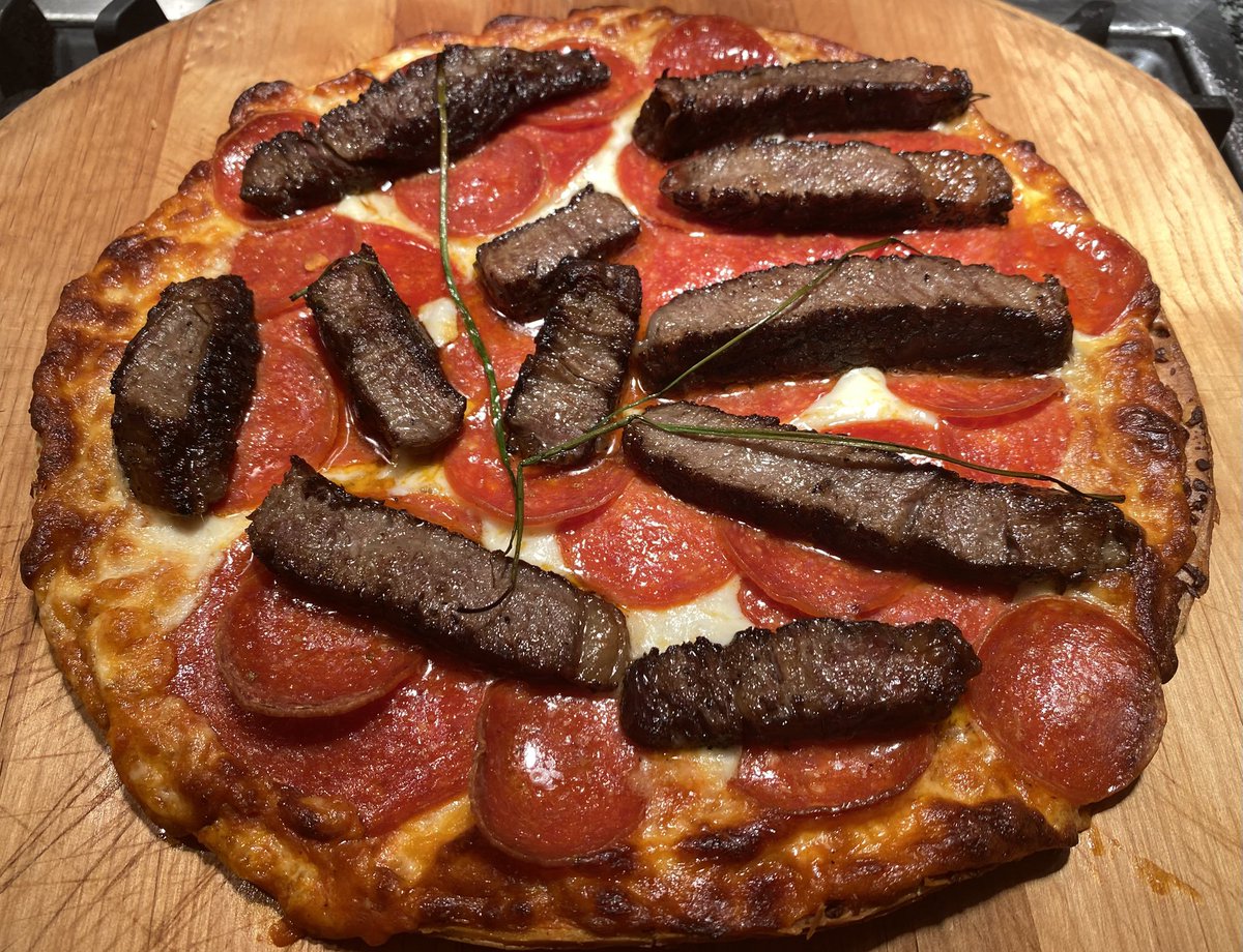 About as simple as it gets. 
Steak &amp; Pepperoni Pizza. Thea Singer made just the right amount of salad.