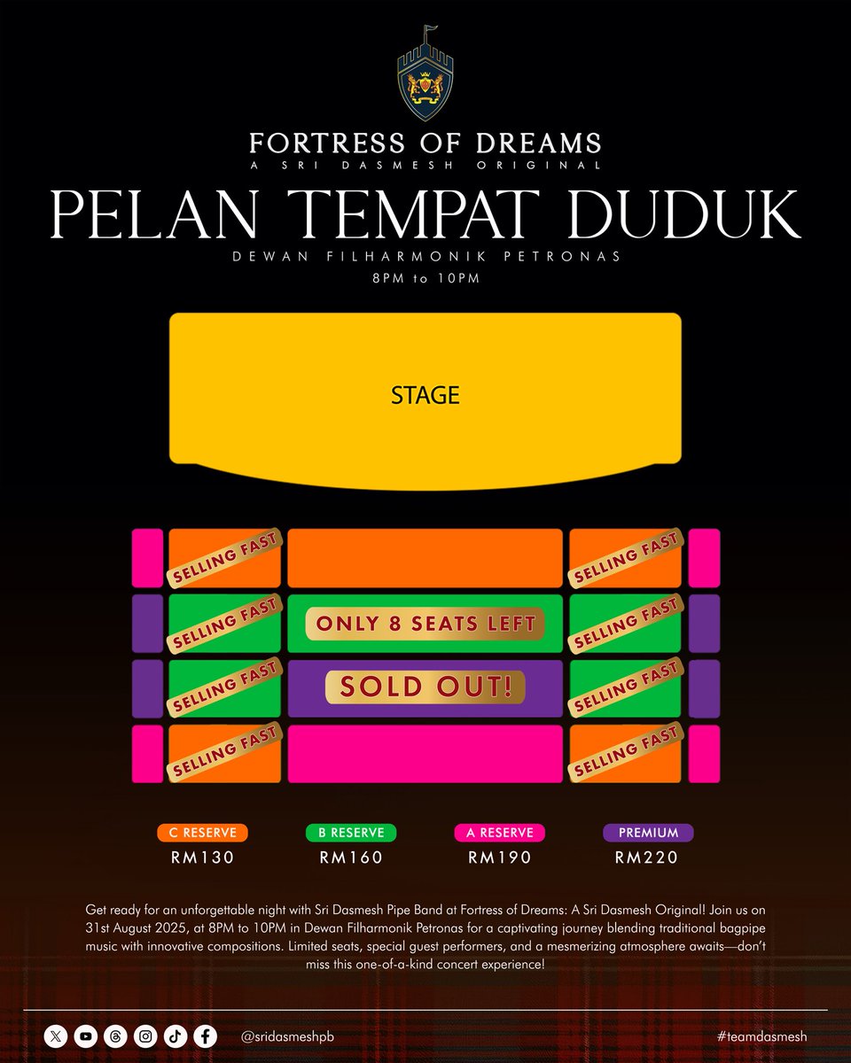 sridasmeshpb's tweet photo. Konsert Bagpipe Pertama di Malaysia! 🏰✨

Buat pertama kali dalam sejarah, Malaysia bakal menyaksikan konsert bagpipe yang pertama! Fortress of Dreams oleh Sri Dasmesh Pipe Band, Juara Dunia Bagpipe 2019! 🌍🥇 https://t.co/wwNgOuzcRN