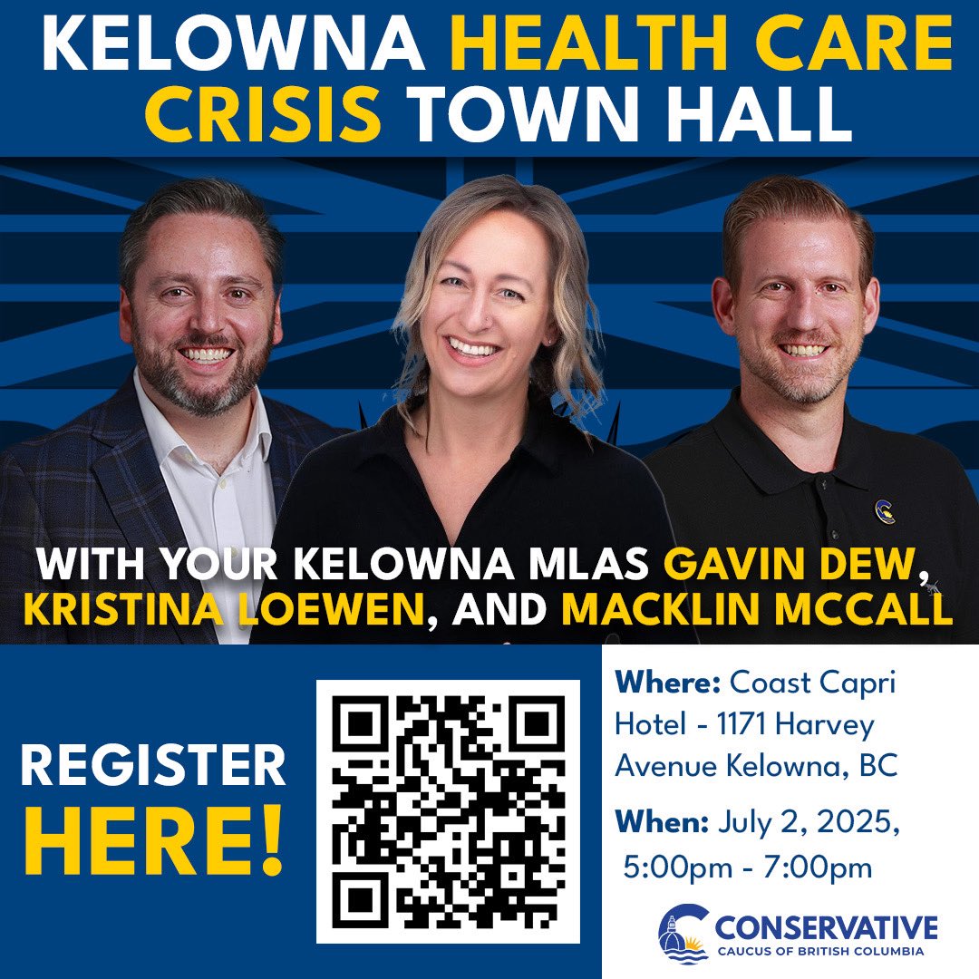Gavin Dew (@gavindew) on Twitter photo 📣 SPREAD THE WORD!
With our healthcare in crisis, your <a href="/Conservative_BC/">Conservative Party of BC</a> Kelowna MLAs are holding a town hall on July 2 at the Coast Capri.
Come share your issues and ideas.
Please register at kghcrisis.com so we can plan space.
#bcpoli 📣 SPREAD THE WORD!
With our healthcare in crisis, your <a href="/Conservative_BC/">Conservative Party of BC</a> Kelowna MLAs are holding a town hall on July 2 at the Coast Capri.
Come share your issues and ideas.
Please register at kghcrisis.com so we can plan space.
#bcpoli