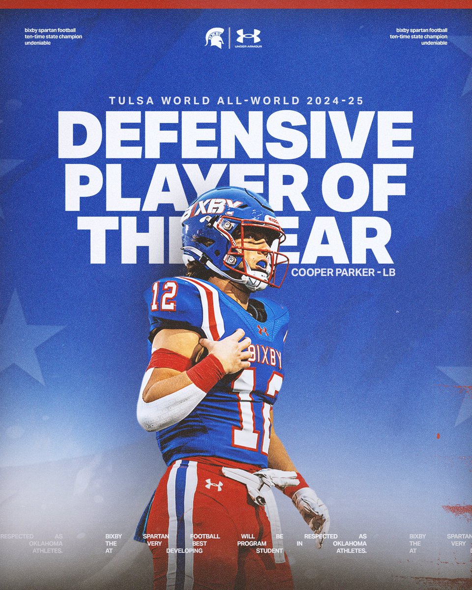 BixbySpartanFootball (@bixbyspartanfb) on Twitter photo One final award for <a href="/Cooper_Parker12/">Cooper Parker</a> in a Spartan uniform: The <a href="/okprepsextra/">OK Preps Extra</a> 2025 All-World Defensive Player of the Year.
That's THREE years in a row a Spartan has claimed the honor.
#BixbySpartans | #Undeniable One final award for <a href="/Cooper_Parker12/">Cooper Parker</a> in a Spartan uniform: The <a href="/okprepsextra/">OK Preps Extra</a> 2025 All-World Defensive Player of the Year.
That's THREE years in a row a Spartan has claimed the honor.
#BixbySpartans | #Undeniable