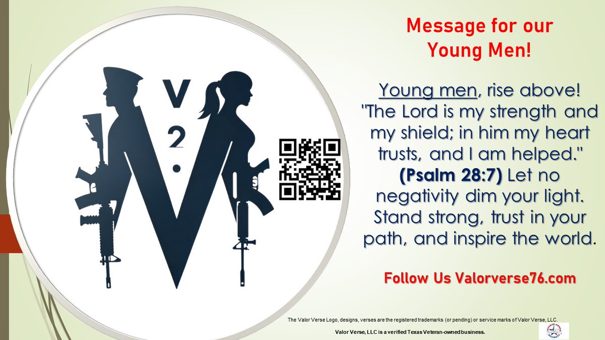 Young men, rise up! God is your strength and shield (Psalm 28:7). Trust boldly, walk with purpose, and let nothing dim your light. Stand tall—lead, inspire, and conquer. valorverse76.com   #veterans #coach #StayInspired #Psalm28 #riseabove #bts #men #Brothers #SmackDown📷