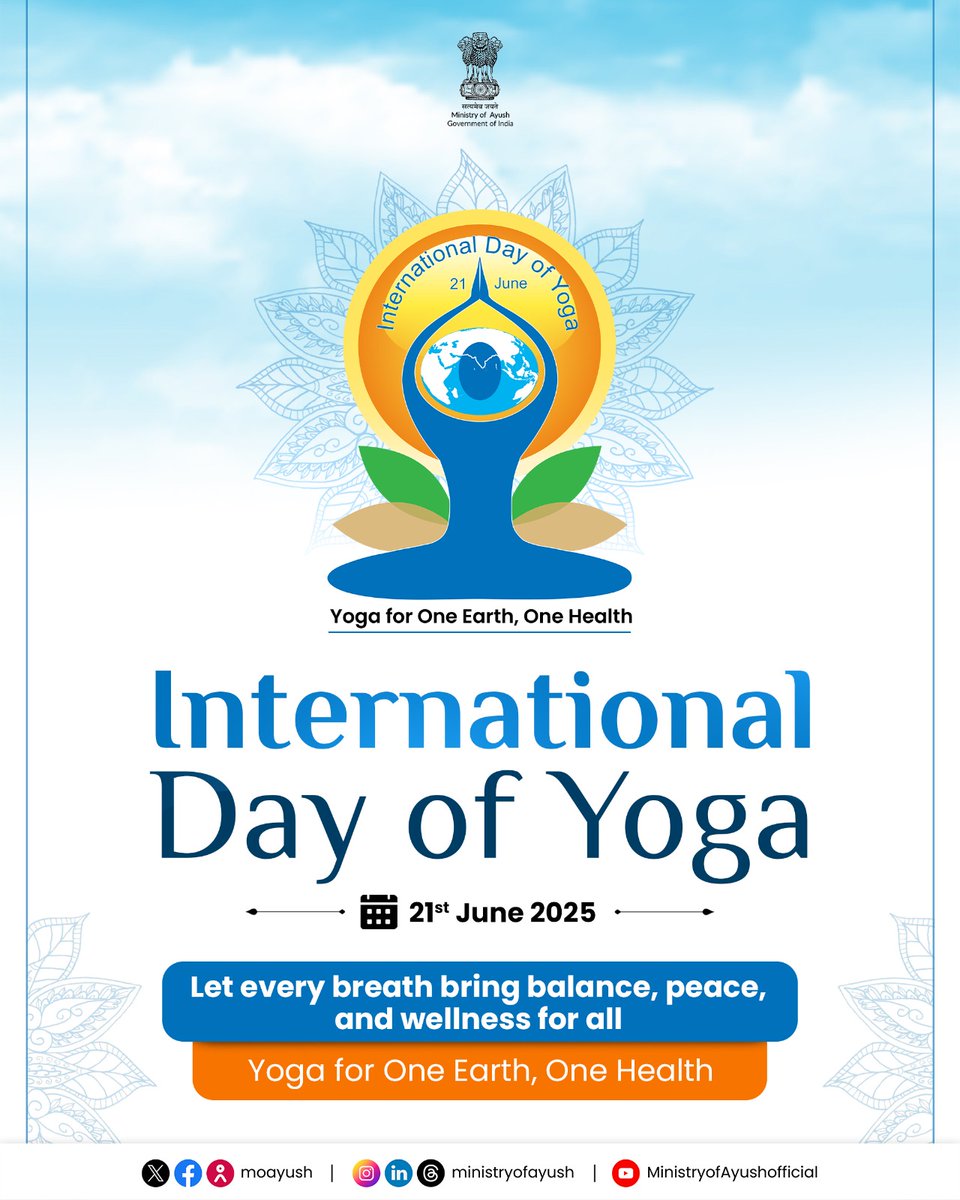 Ministry of Ayush extends warm greetings to all on International Day of Yoga! 

Let's unite for a healthier world with the theme 'Yoga For One Earth, One Health'.  

#IDY2025 #InternationalDayofYoga2025 
#YogaforOneEarthOneHealth
#YogainVizag #MinistryofAyush
<a href="/PMOIndia/">PMO India</a>