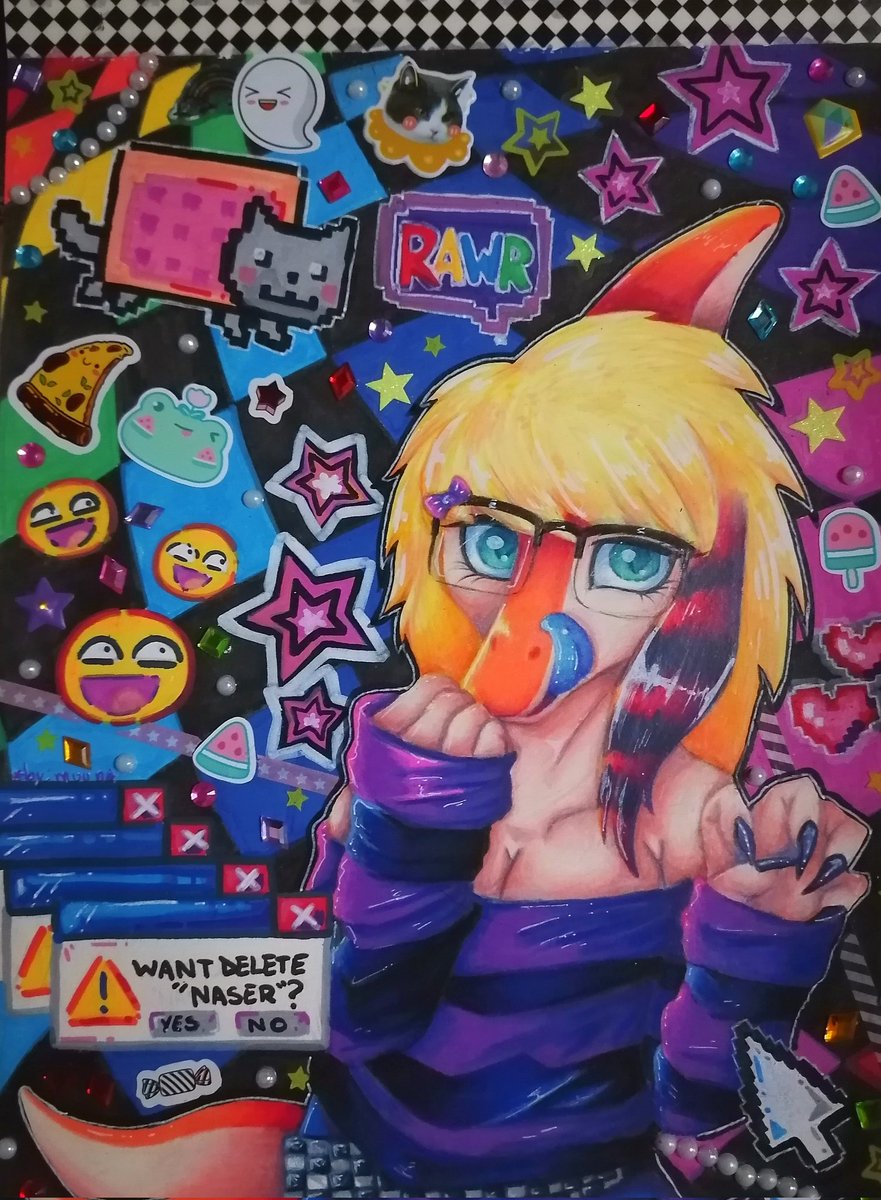 My most detailed traditional work so far, Naomi EmoScene aesthetic! ✨
(inspired by a design by artist Sky Insanity).
.
#Snootgame #snootgamefanart