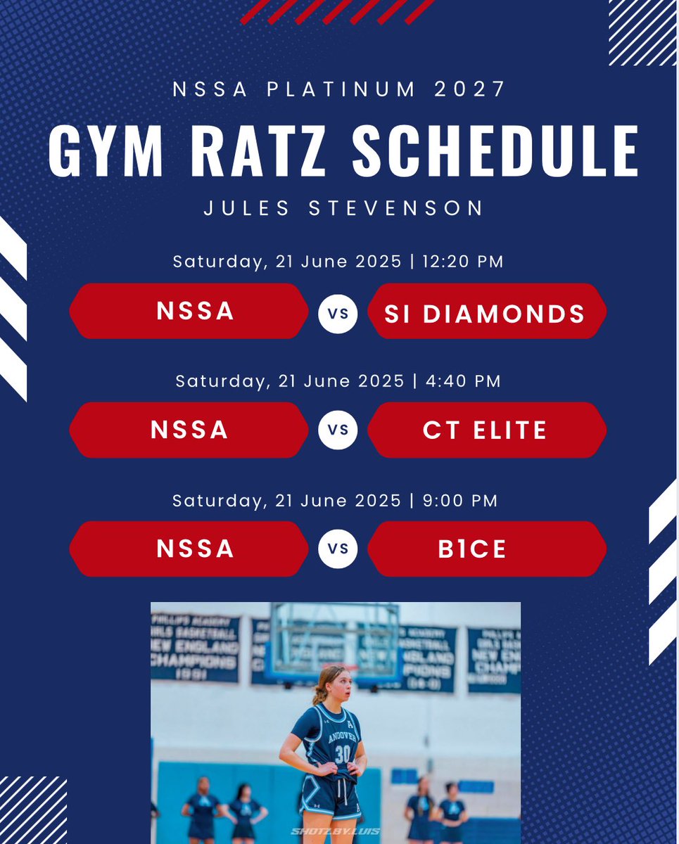 Jules Stevenson (@julesstevenson7) on Twitter photo Here’s my schedule for this weekend at Gymratz in Alabany, NY! Super excited to be back and compete. <a href="/Evohoops2027/">NSSA Girls_2027</a> <a href="/NSSABASKETBALL/">Team NSSA BASKETBALL</a> <a href="/EVOHoops/">EVOLUTION Basketball New England</a> Here’s my schedule for this weekend at Gymratz in Alabany, NY! Super excited to be back and compete. <a href="/Evohoops2027/">NSSA Girls_2027</a> <a href="/NSSABASKETBALL/">Team NSSA BASKETBALL</a> <a href="/EVOHoops/">EVOLUTION Basketball New England</a>
