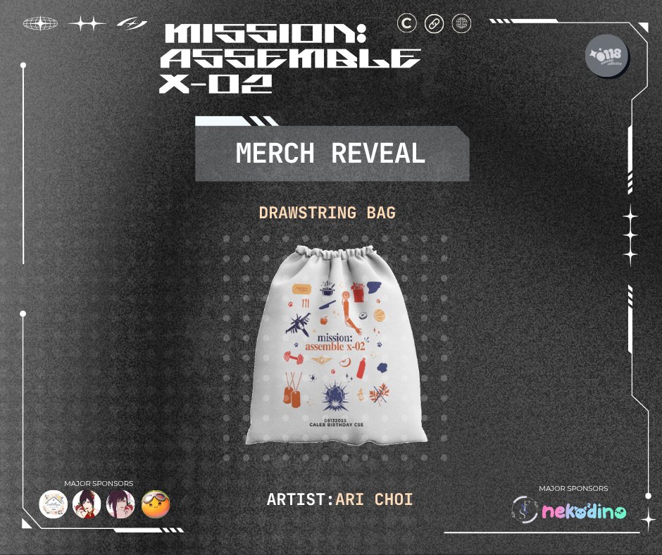 0118tanoshii_co's tweet photo. Thirteenth merch reveal! We present to you our drawstring tote bag designed by Ari Choi! Follow their socials here:
🎨 Artist: Ari Choi
X/Twitter: @choi7O7
IG: @/thebcydraco
#MissionAssembleX02 #CalebBirthday #Caleb #CalebCSE #FanEvents #0118tanoshiicollective https://t.co/HUimcVYsdT