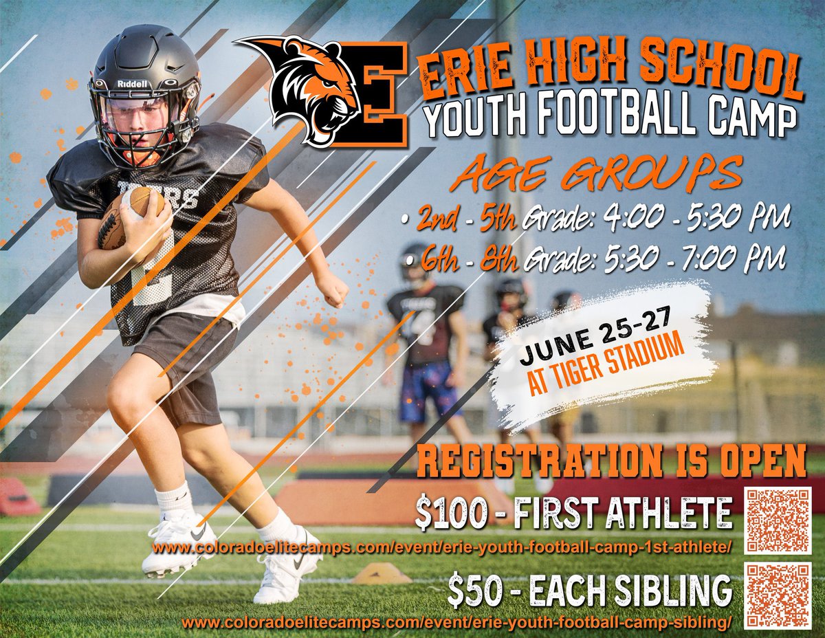 Youth football players in #Erie - be sure to sign up for the <a href="/ErieTigersFB/">Erie High Football</a> camp!