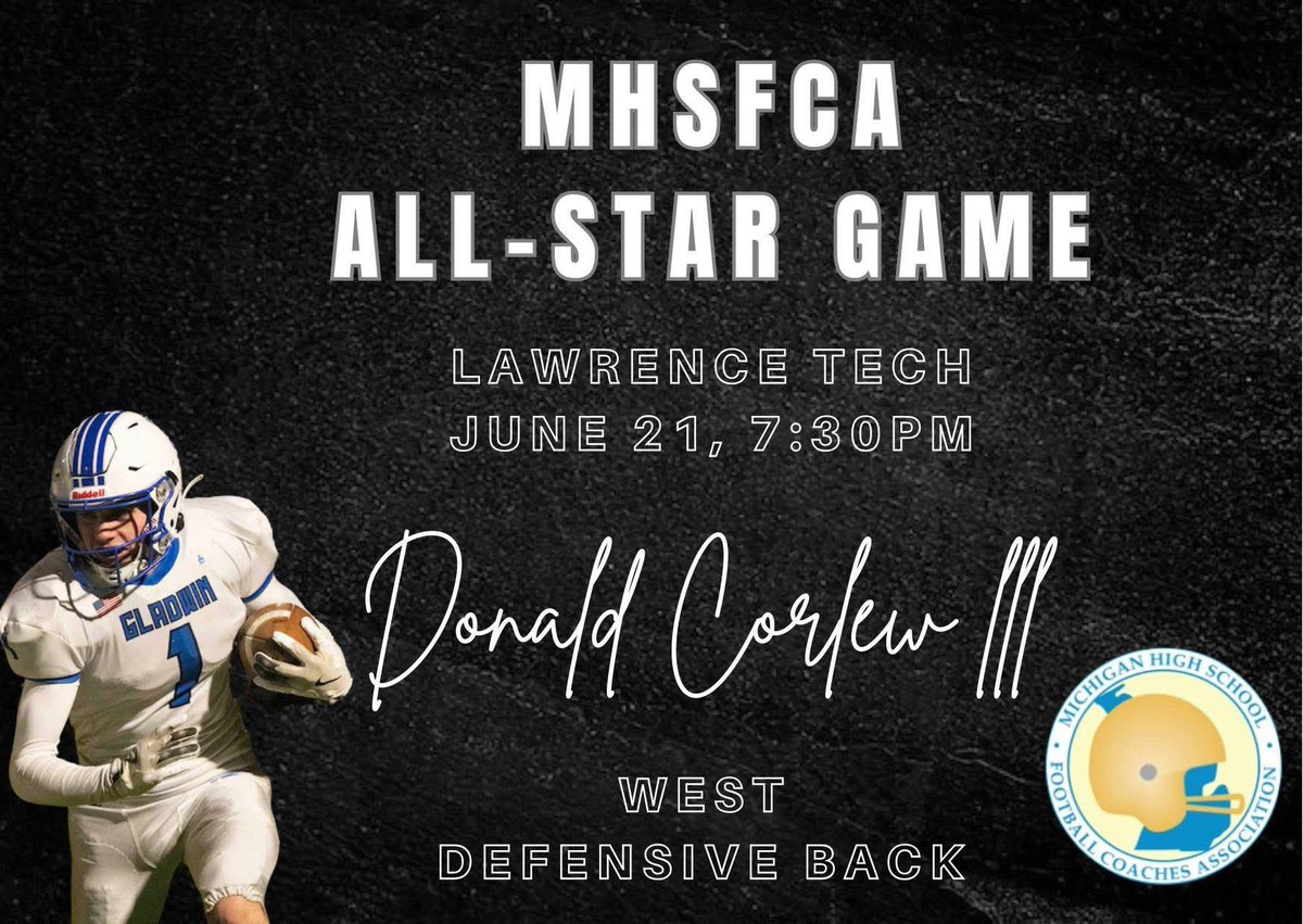 TOMORROW IS THE DAY! 

Donald Corlew III will be playing and Coach Jarstfer and Coach Emeott will be coaching in the game. Head down to Detroit to catch the game at Lawrence Tech University. Kickoff is at 7:30PM. The game will feature some of the top talent in the state! #EAT