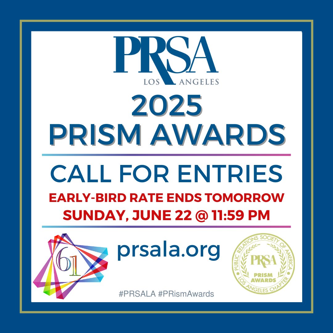 PRSALA's tweet image. #PRSALA #PRismAwards Call for Entries Early-Bird Deadline is TOMORROW!

You still have time to save $50 per entry! Just be sure to complete your submission by tomorrow, June 22, 2025 11:59 pm PT.

Submit your entries here:  judgify.me/prsalaprismawa…