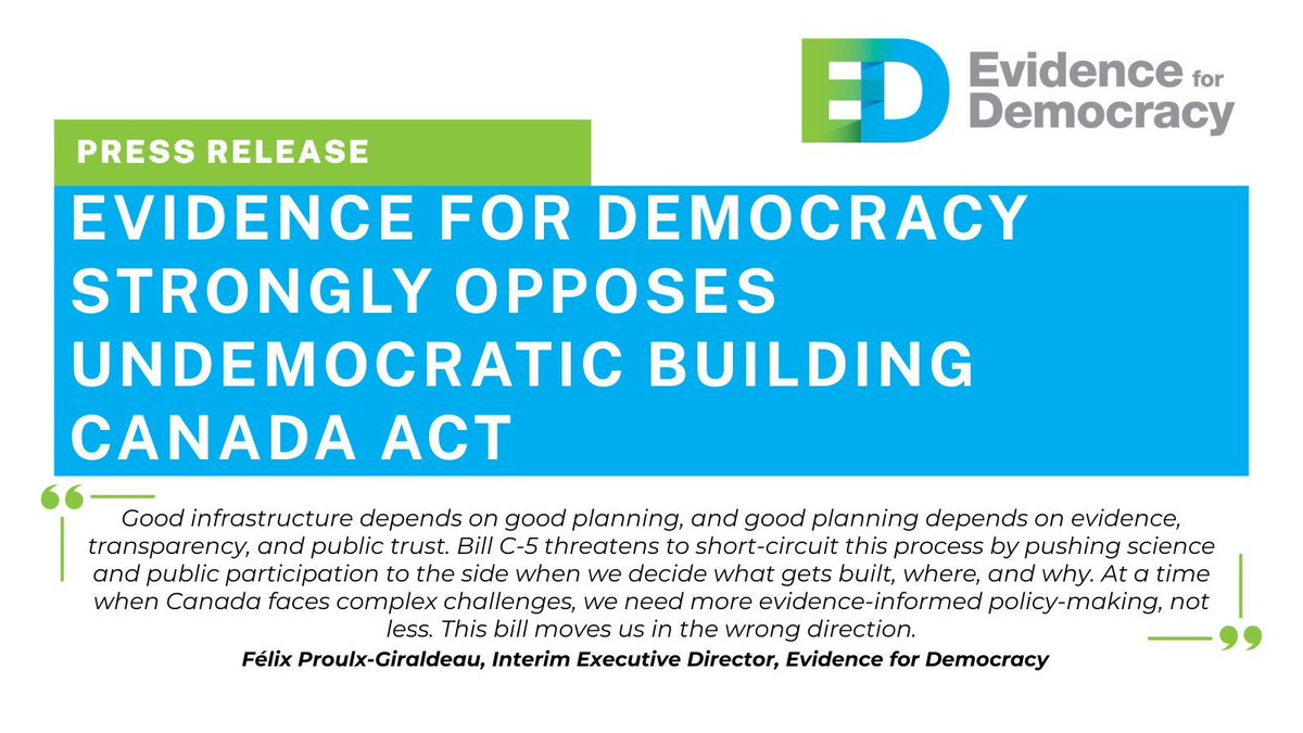 E4Dca's tweet image. Today, Parliament passed Bill C-5 — fast-tracking “national interest” projects while sidelining science, public input, and Indigenous rights.
Evidence for Democracy is sounding the alarm. Read our full response here: evidencefordemocracy.ca/press-release-…