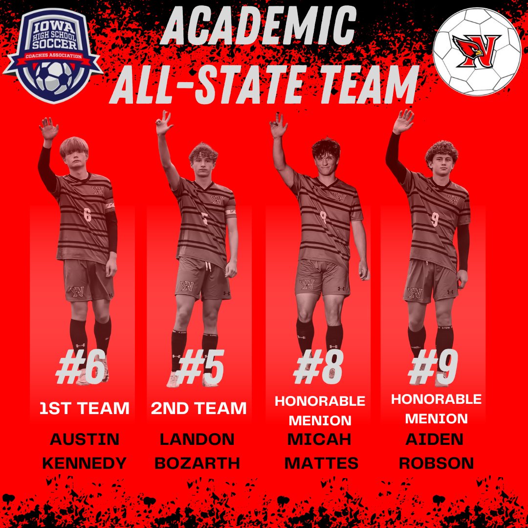 Congrats to our 4 players selected to the Academic All-State Team! To be eligible you had to exhibit scholastic excellence during the school year with a 3.5 or above GPA and also be a Varsity soccer player starting in over half the games! #rollcards