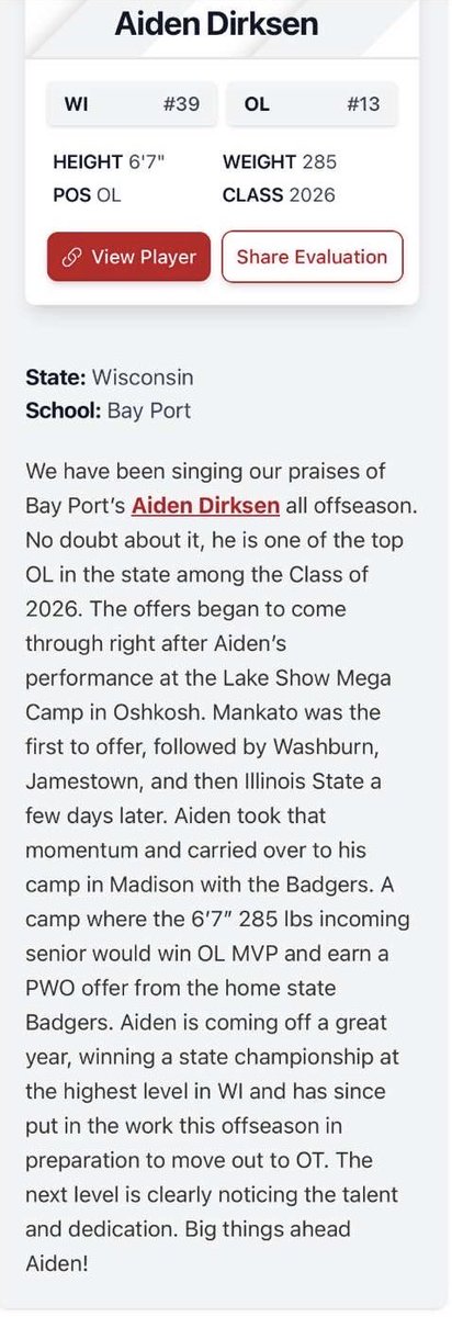 Aiden Dirksen (@aidendirksen78) on Twitter photo Thank you <a href="/MJ_NFLDraft/">Mark Johnson</a> for the write up!
<a href="/BayPortFootbal1/">Bay Port Football</a> <a href="/PrepRedzoneWI/">Prep Redzone Wisconsin</a> <a href="/CoachJorgy/">Steven Jorgensen</a> Thank you <a href="/MJ_NFLDraft/">Mark Johnson</a> for the write up!
<a href="/BayPortFootbal1/">Bay Port Football</a> <a href="/PrepRedzoneWI/">Prep Redzone Wisconsin</a> <a href="/CoachJorgy/">Steven Jorgensen</a>