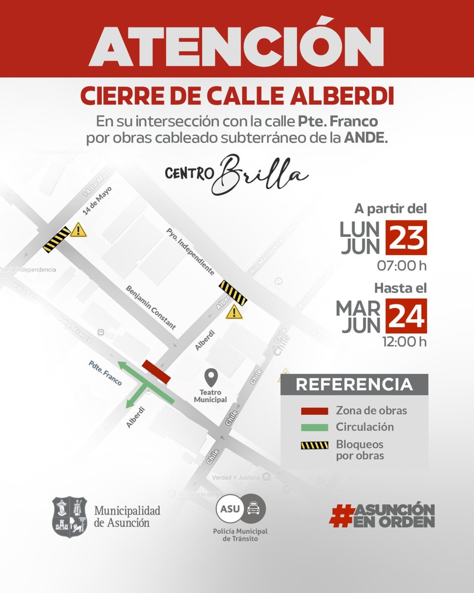 AsuncionMuni's tweet image. ¡Aviso importante para quienes transitan el Centro! 🚦
Por trabajos de cableado subterráneo realizados por la @ANDEOficial, la calle Alberdi estará cerrada temporalmente en su cruce con Pte. Franco.
Recomendamos transitar por vías alternativas. ⤵️