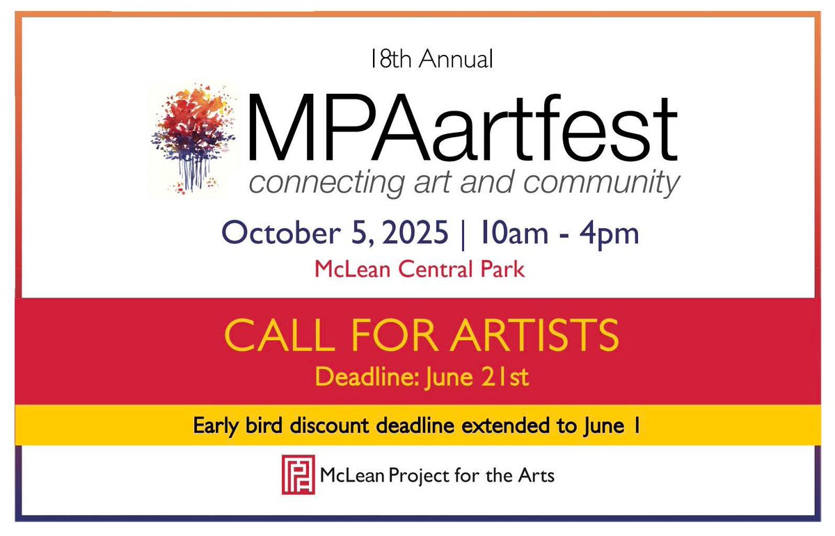 McLeanProjectForArts (@mp4a) on Twitter photo TOMORROW IS LAST DAY TO APPLY!
MPAartfest Call for Entries!
MPA is seeking submissions for our 18th MPAartfest, a one-day in-person juried fine arts & craft show held in McLean Central Park Oct 5, 2025. Accepted artists retain all proceeds. mpa.submittable.com/submit/322518/…
<a href="/eastcityart/">East City Art</a> TOMORROW IS LAST DAY TO APPLY!
MPAartfest Call for Entries!
MPA is seeking submissions for our 18th MPAartfest, a one-day in-person juried fine arts & craft show held in McLean Central Park Oct 5, 2025. Accepted artists retain all proceeds. mpa.submittable.com/submit/322518/…
<a href="/eastcityart/">East City Art</a>