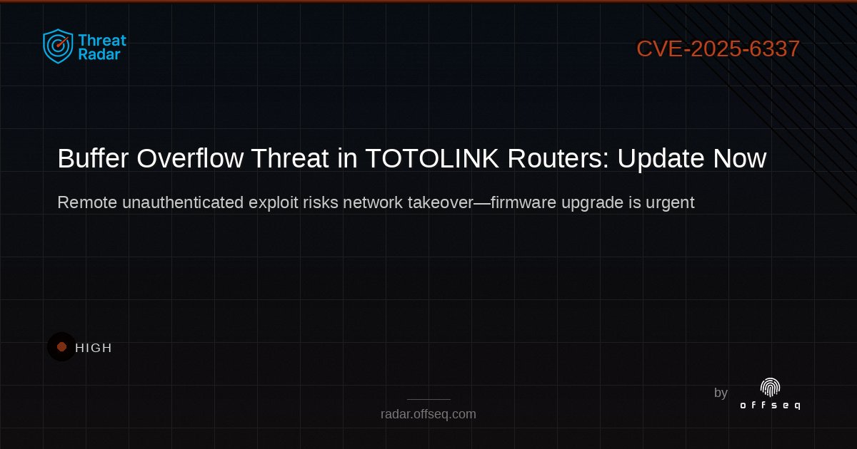 offseq's tweet image. 🚨 HIGH severity alert: Buffer overflow in TOTOLINK A3002R routers enables remote code execution! Patch ASAP to protect your network. radar.offseq.com/threat/cve-202… #OffSeq #TOTOLINK #infosec
