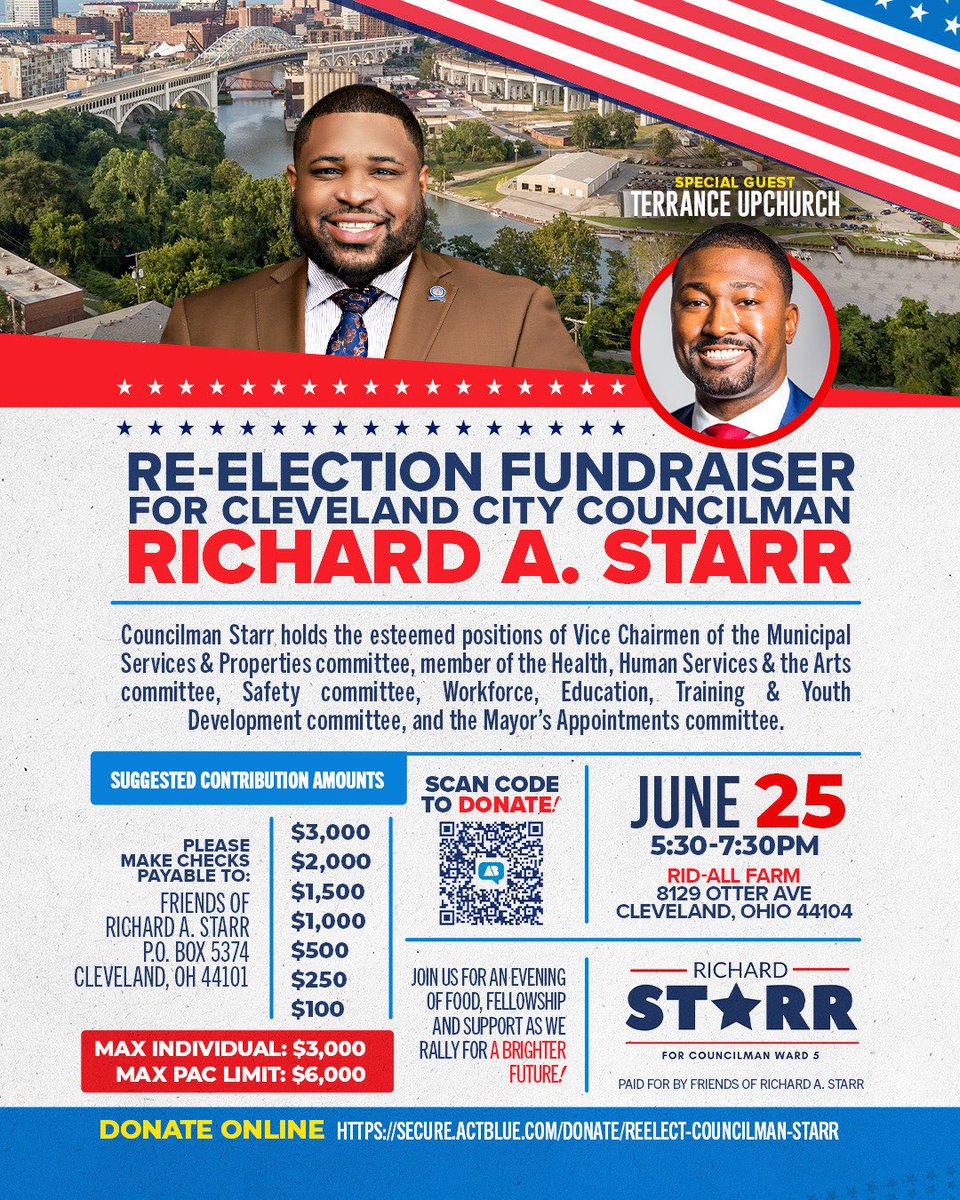 Council Member Richard A. Starr (@r1chardstarr) on Twitter photo 📢 CAMPAIGN KICKOFF
Councilman Richard A. Starr is launching his re-election campaign!
📅 Wednesday , June 25th | ⏰ 5:30–7:30PM
📍 Rid-All Farm, 8129 Otter Ave
🎤 Special Guest: Rep. <a href="/tupchurch216/">State Representative Terrence Upchurch</a>, OLBC President
#TeamStarr #Ward5Strong 📢 CAMPAIGN KICKOFF
Councilman Richard A. Starr is launching his re-election campaign!
📅 Wednesday , June 25th | ⏰ 5:30–7:30PM
📍 Rid-All Farm, 8129 Otter Ave
🎤 Special Guest: Rep. <a href="/tupchurch216/">State Representative Terrence Upchurch</a>, OLBC President
#TeamStarr #Ward5Strong