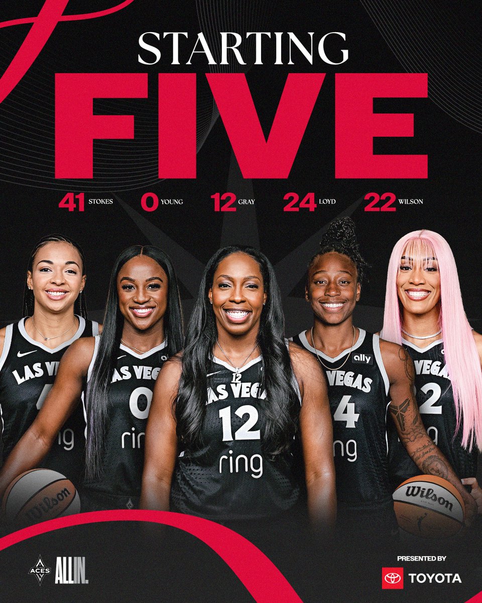 Las Vegas Aces (@lvaces) on Twitter photo πππ π
πππ
1β£2β£ Gray
2β£4β£ Loyd
0β£ Young
2β£2β£ Wilson
4β£1β£ Stokes
Presented by <a href="/Toyota/">Toyota USA</a> // #ALLINLV πππ π
πππ
1β£2β£ Gray
2β£4β£ Loyd
0β£ Young
2β£2β£ Wilson
4β£1β£ Stokes
Presented by <a href="/Toyota/">Toyota USA</a> // #ALLINLV