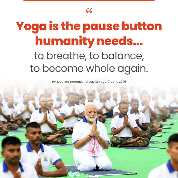 Yoga is the pause button humanity needs... to breathe, to balance, to become whole again. : PM <a href="/narendramodi/">Narendra Modi</a> 

#InternationalDayOfYoga2025 #InternationalDayOfYoga #IDY2025 #YogaForOneEarthOneHealth

<a href="/moayush/">Ministry of Ayush</a> <a href="/MIB_India/">Ministry of Information and Broadcasting</a>