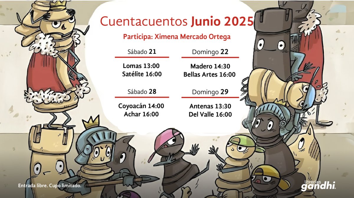 📣🤩Ven a las sesiones del cuentacuentos “Vamos a jugar ajedrez”, que se realizarán los fines de semana en distintas sedes de nuestras librerías Gandhi.
🙋‍Ximena Mercado asombrará a pequeños y grandes con hermosas historias.
☑Consulta sedes y horarios aquí en el poster👇