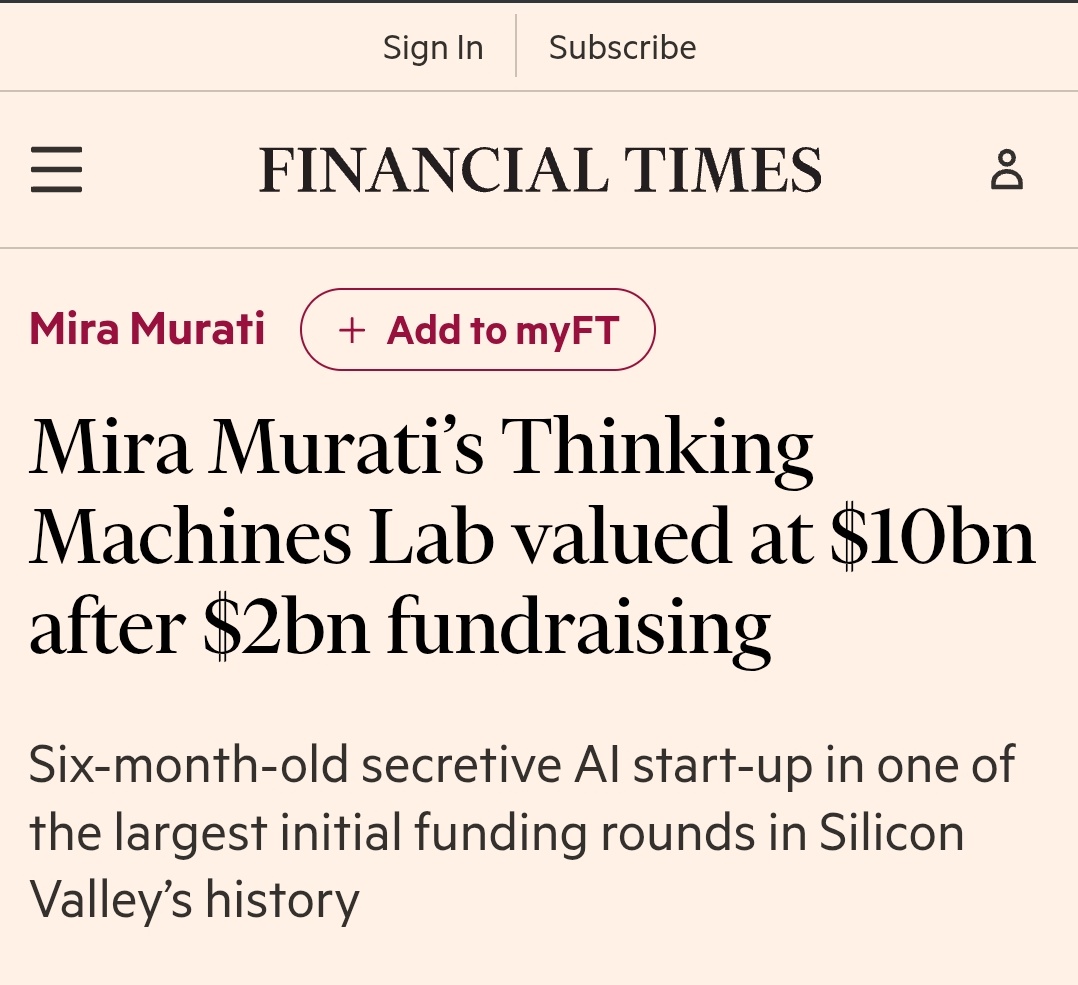 ai_for_success's tweet image. OpenAI’s former CTO Mira Murati has raised $2 billion for her six-month-old AI startup now valued at $10 billion.

How???
They’ve shipped a website. 🫣

What did investors see?