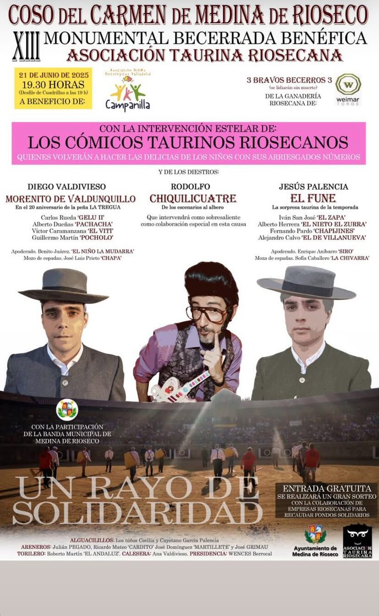 ATR_2010's tweet photo. ⚠️ XIII Monumental Becerrada Benéfica de la Asociación Taurina Riosecana. Este año lo recaudado será en beneficio de la Asociación Campanilla (Asociación niñ@s oncológicos Valladolid) ⚠️
#ATR https://t.co/NLzVZFiCTX