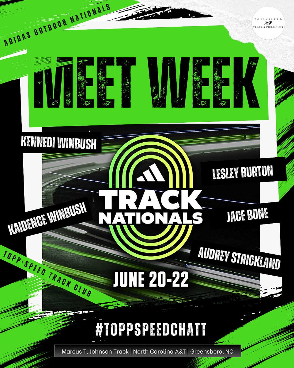 It’s meet week!! Good luck to our athletes that are scheduled to compete today through Sunday in Greensboro, NC at Adidas Outdoor Nationals. 

#ToppSpeedChatt
#Chattanooga
#TrackandField
#Sprints
#Throw
#Nationals
#AdidasTrackNationals
#AdidasOutdoor