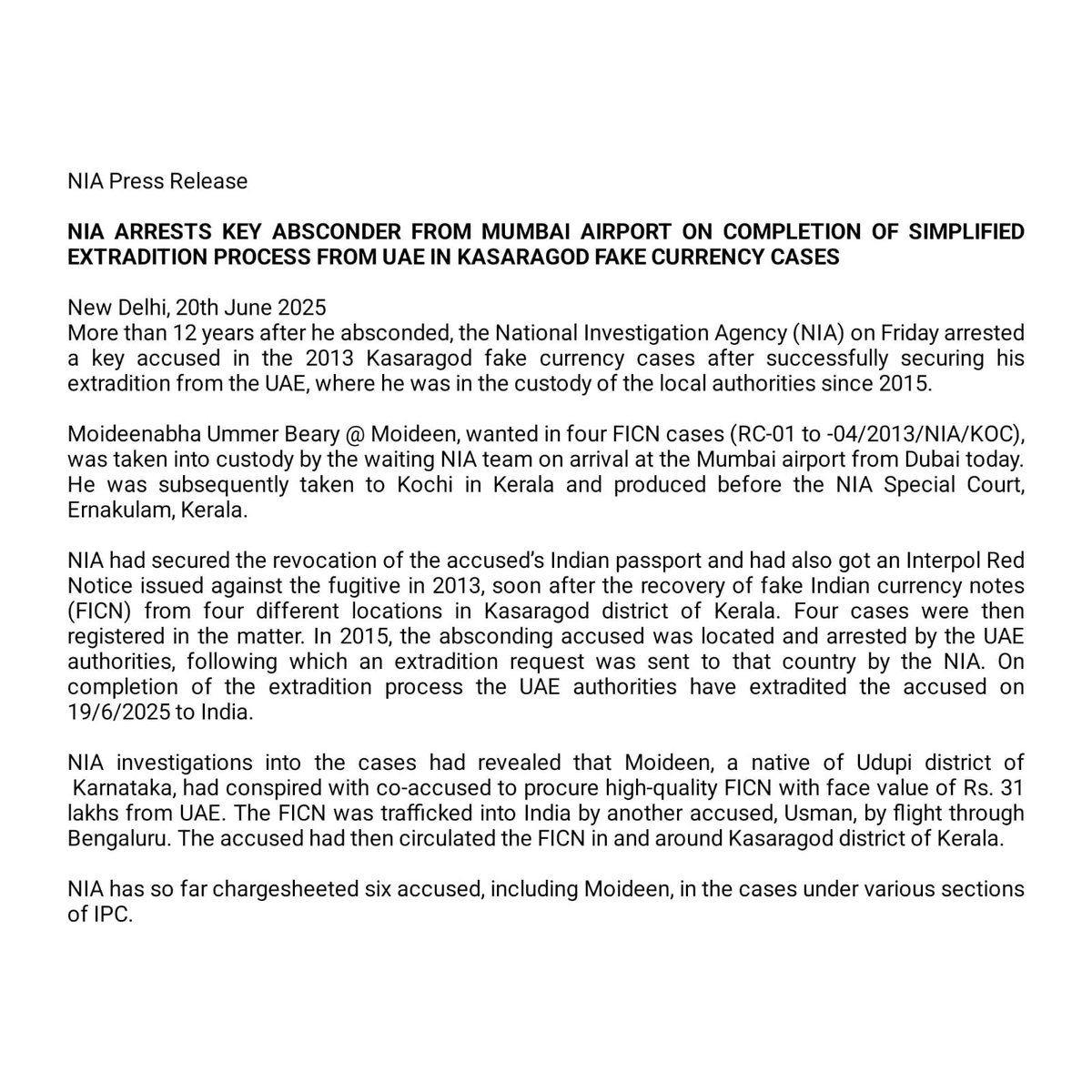 NIA Arrests Key Absconder from Mumbai Airport on Completion of Simplified Extradition Process from UAE in Kasaragod Fake Currency Cases