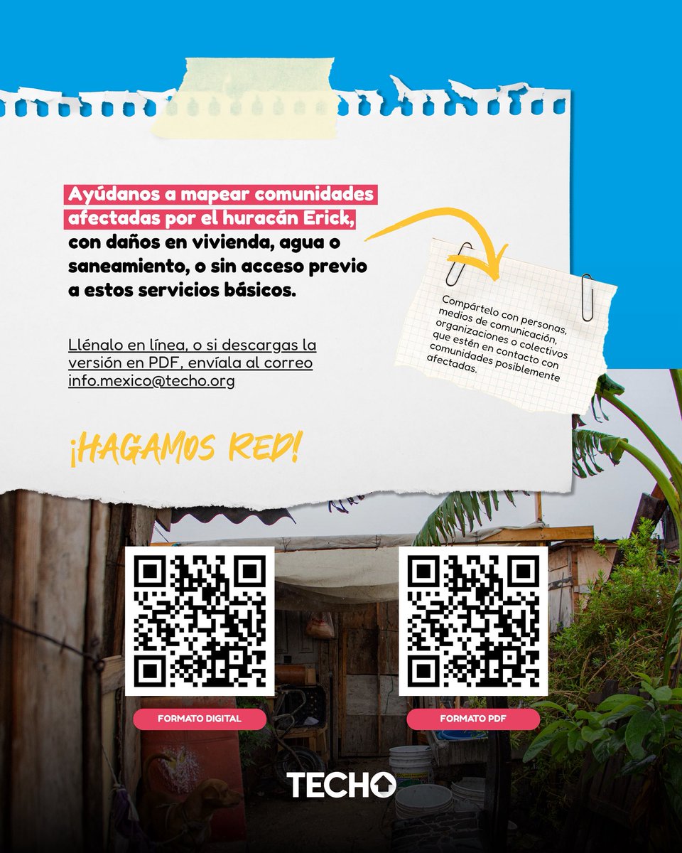 🌀 ¿Conoces comunidades afectadas por el huracán Erick?

Ayúdanos a mapear daños en vivienda, agua y saneamiento en Guerrero y Oaxaca.

📲 ee-eu.kobotoolbox.org/x/khLXidMf
📄 PDF: info.mexico@techo.org

¡Hagamos red! 💪🏼
.
.
#HuracánErick #TECHOMx #Oaxaca #Guerrero