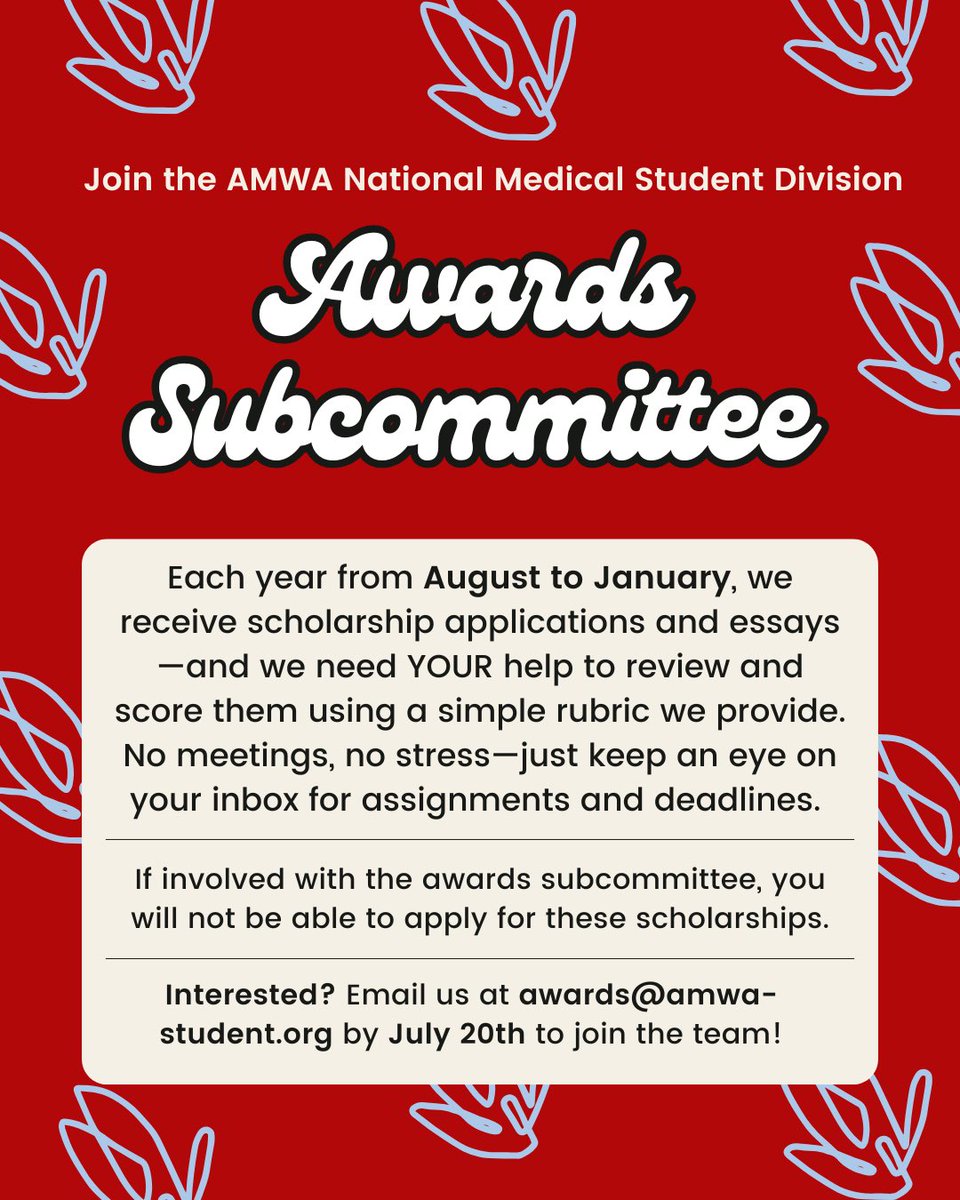 AMWA National Medical Student Division (@amwastudents) on Twitter photo Looking for a way to get involved with AMWA and boost your CV? Consider joining the Awards Subcommittee! 🏆
💌 Interested? Just email us at awards@amwa-student.org by July 20th to join the team!
#MedTwitter #MedStudentTwitter Looking for a way to get involved with AMWA and boost your CV? Consider joining the Awards Subcommittee! 🏆
💌 Interested? Just email us at awards@amwa-student.org by July 20th to join the team!
#MedTwitter #MedStudentTwitter