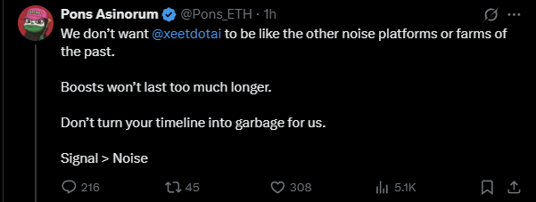 The creator of Xeet said you can't boost eachother for long anymore

if you still need a boost, click below, and drop your own boost URLs in the comments

xeet.ai/boost/CodeXBT