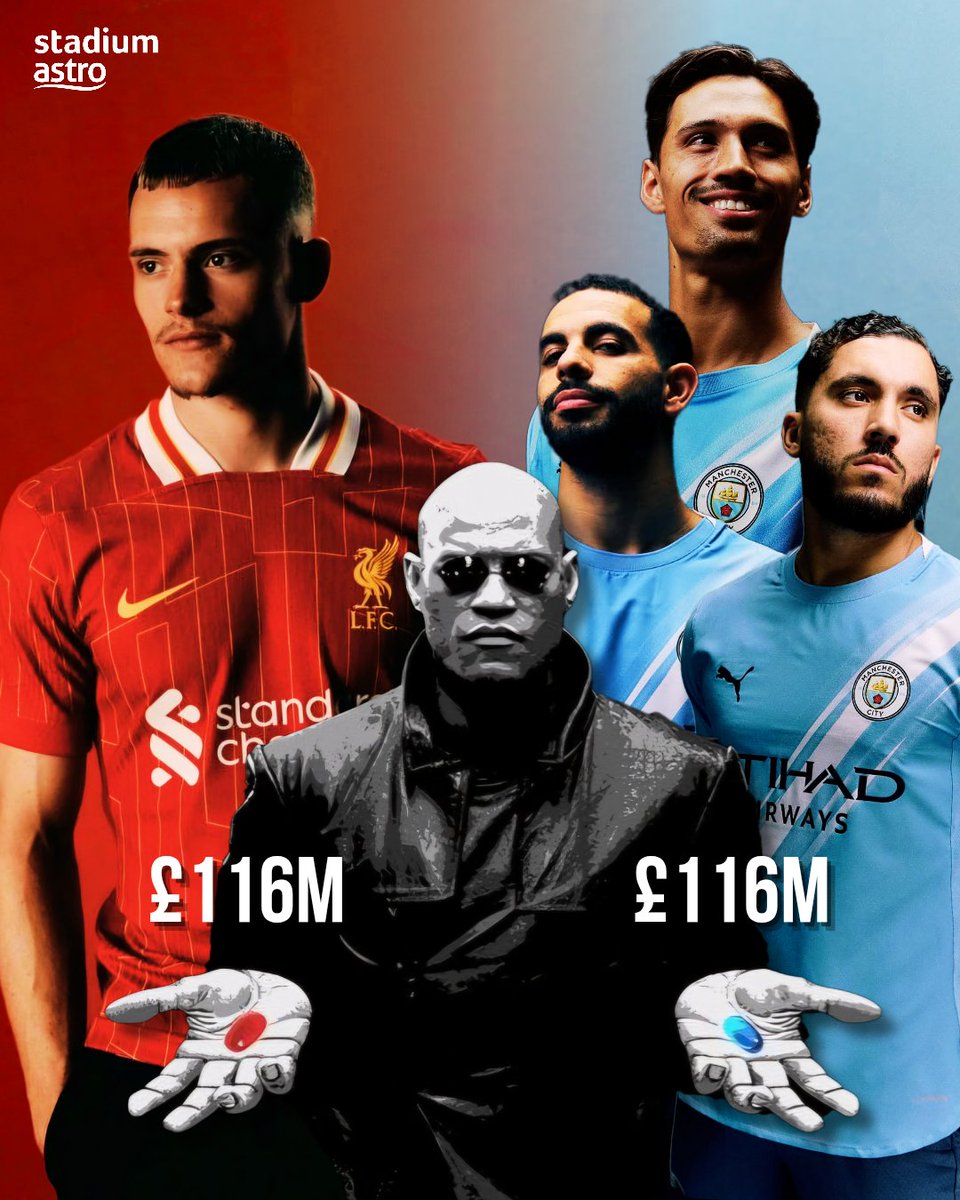Red pill or blue pill? 🤔 

Florian Wirtz 🇩🇪 
£116m (Most expensive signing in Premier League history)

Tijjani Reijnders 🇳🇱 £46m
Rayan Cherki 🇫🇷 £34m
Rayan Aït-Nouri 🇩🇿 £36m

#Liverpool #ManchesterCity