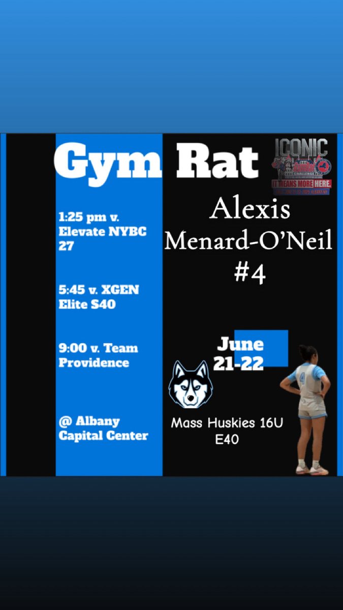 Alexis Menard-O'Neil (@amenardoneil) on Twitter photo First game at the Gym Rat Challenge starts at 1:25 at the Albany Capital Center Court 7! Come cheer Mass Huskies E40 - Che team on!
<a href="/PGHNewEngland/">Prep Girls Hoops New England</a> First game at the Gym Rat Challenge starts at 1:25 at the Albany Capital Center Court 7! Come cheer Mass Huskies E40 - Che team on!
<a href="/PGHNewEngland/">Prep Girls Hoops New England</a>