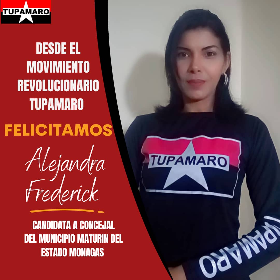 “Para el logro del triunfo siempre ha sido indispensable pasar por la senda de los sacrificios”.
Simón Bolívar 

Hoy #20Jun|| Felicitamos a nuestra camarada <a href="/TupamaroMRT_/">Movimiento Revolucionario TUPAMARO Vzla.</a> Alejandra Frederick por su candidatura como concejal del Municipio <a href="/MaturinMrt/">@Municipio. Maturín_ MRT</a> del Estado <a href="/MonagasMRT_/">MonagasRebeldeMRT</a>. ❤️🖤