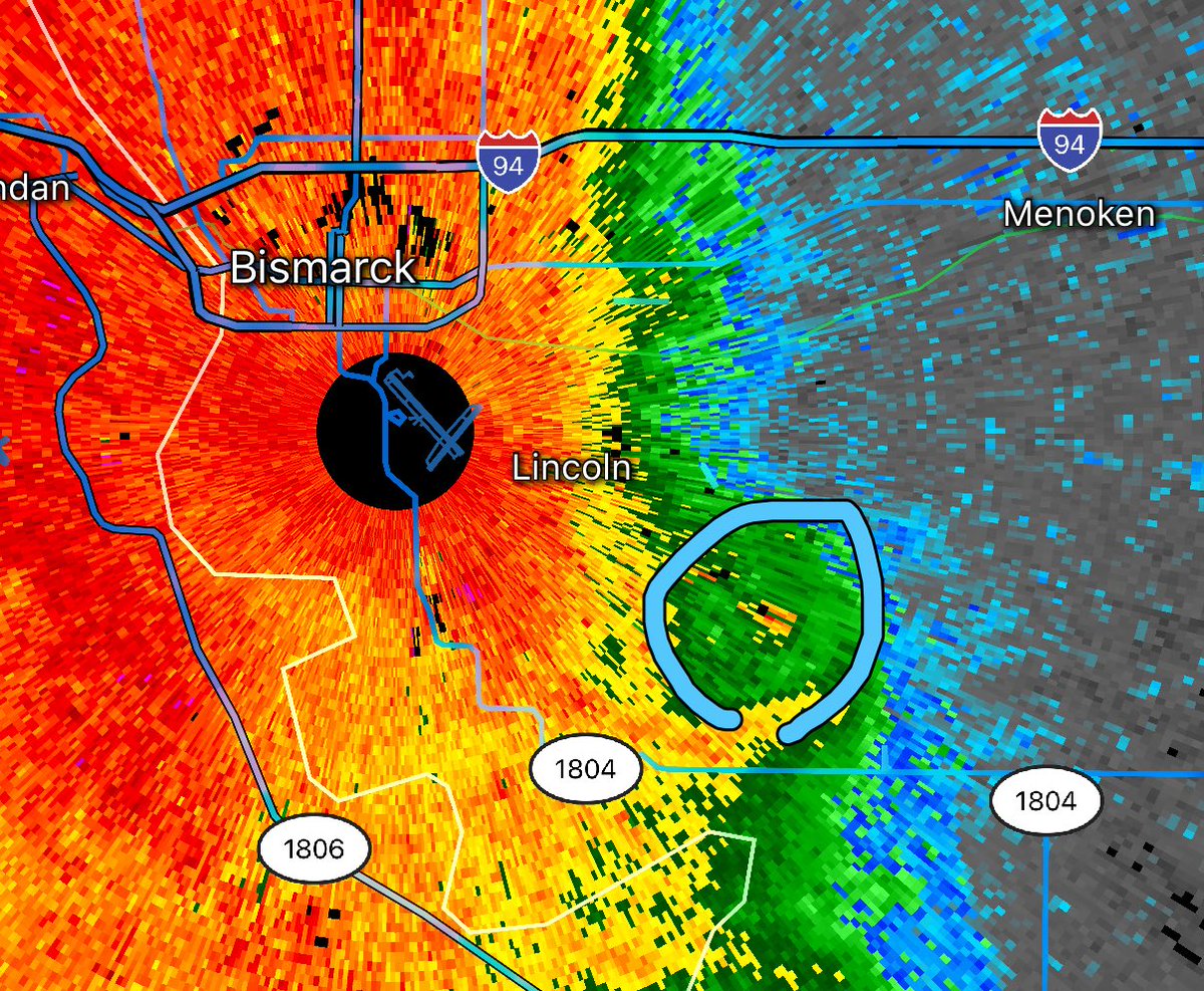 Unwarned tornado with notable DEBRIS BALL south of Bismarck, ND!