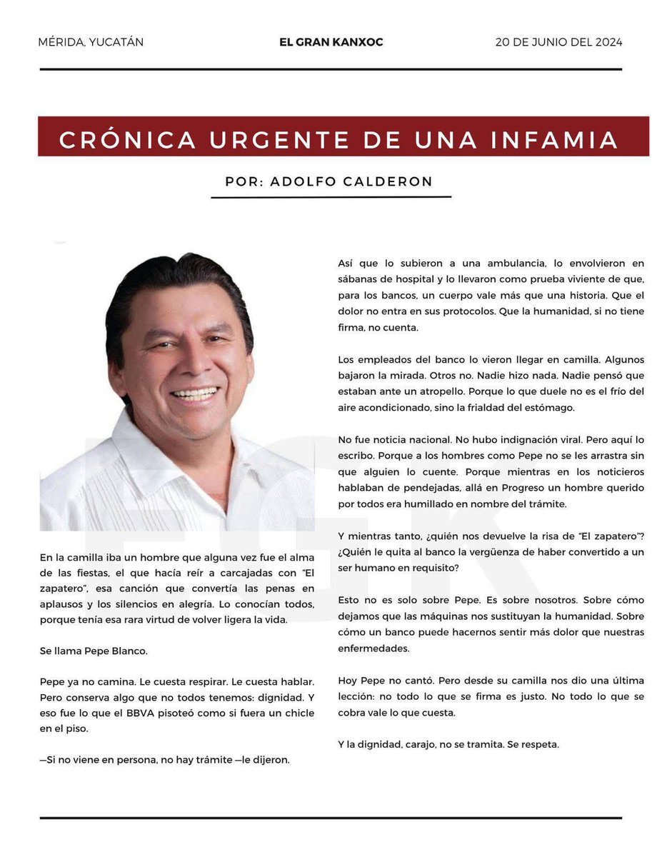 adolfocs's tweet photo. Así que lo subieron a una ambulancia, lo envolvieron en sábanas de hospital y lo llevaron como prueba viviente de que, para los bancos, un cuerpo vale más que una historia. Que el dolor no entra en sus protocolos. Que la humanidad, si no tiene firma, no cuenta.
 @bbva https://t.co/yajNVUNvHW
