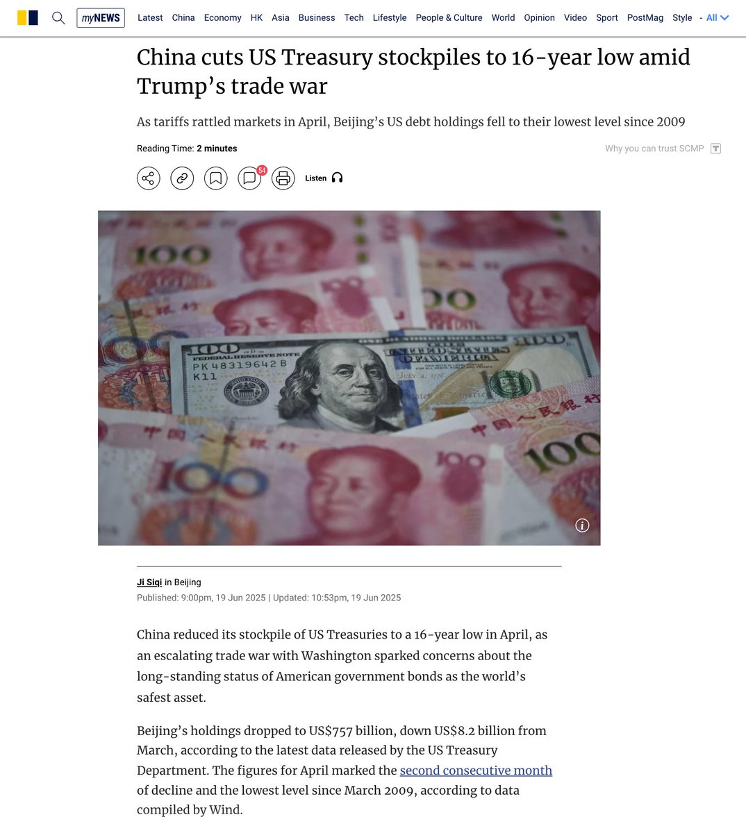 🔻China cuts US Treasury holdings to 16-year low. Why it matters:

1/
China just slashed its US Treasury holdings to $757B, the lowest since 2009.
This isn’t just a financial adjustment.
It’s a signal:
Beijing no longer trusts the dollar as a neutral store of value.

📰 via SCMP