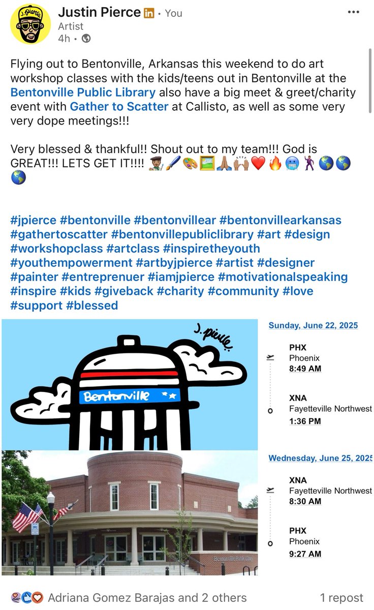 Justin Pierce (@iamjpierce) on Twitter photo Flying out to Bentonville, Arkansas this weekend to do art workshop classes with the kids/teens out in Bentonville at the Bentonville Public Library!
π¨π½βπ¨ποΈπ¨πΌοΈππ½ππ½β€οΈβ€οΈβ€οΈβ€οΈπππ
#jpierce #bentonville #bentonvillear #bentonvillearkansas #Arkansas #bentonvillepubliclibrary #art Flying out to Bentonville, Arkansas this weekend to do art workshop classes with the kids/teens out in Bentonville at the Bentonville Public Library!
π¨π½βπ¨ποΈπ¨πΌοΈππ½ππ½β€οΈβ€οΈβ€οΈβ€οΈπππ
#jpierce #bentonville #bentonvillear #bentonvillearkansas #Arkansas #bentonvillepubliclibrary #art