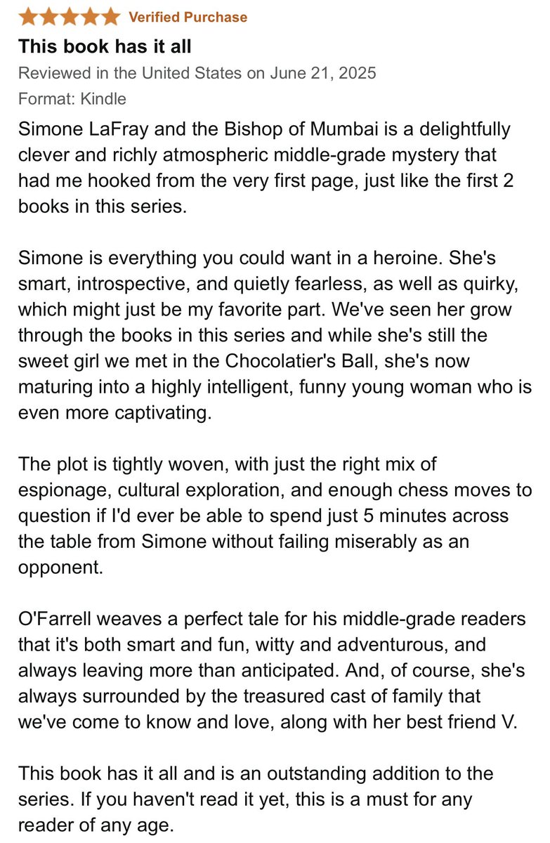 S.P. O’Farrell (@spofarrell3) on Twitter photo Phenomenal ⭐️⭐️⭐️⭐️⭐️ review for Simone LaFray and the Bishop of Mumbai. Thank you, <a href="/ForgottenAstro2/">ForgottenAstronauts 🚀Ash Knight</a> 🕵🏻♀️❤️
“Simone is everything you could want in a heroine.”
⭐️⭐️⭐️⭐️⭐️ #SimoneLaFrayMysteries
amazon.com/gp/aw/d/B0FCD8… Phenomenal ⭐️⭐️⭐️⭐️⭐️ review for Simone LaFray and the Bishop of Mumbai. Thank you, <a href="/ForgottenAstro2/">ForgottenAstronauts 🚀Ash Knight</a> 🕵🏻♀️❤️
“Simone is everything you could want in a heroine.”
⭐️⭐️⭐️⭐️⭐️ #SimoneLaFrayMysteries
amazon.com/gp/aw/d/B0FCD8…