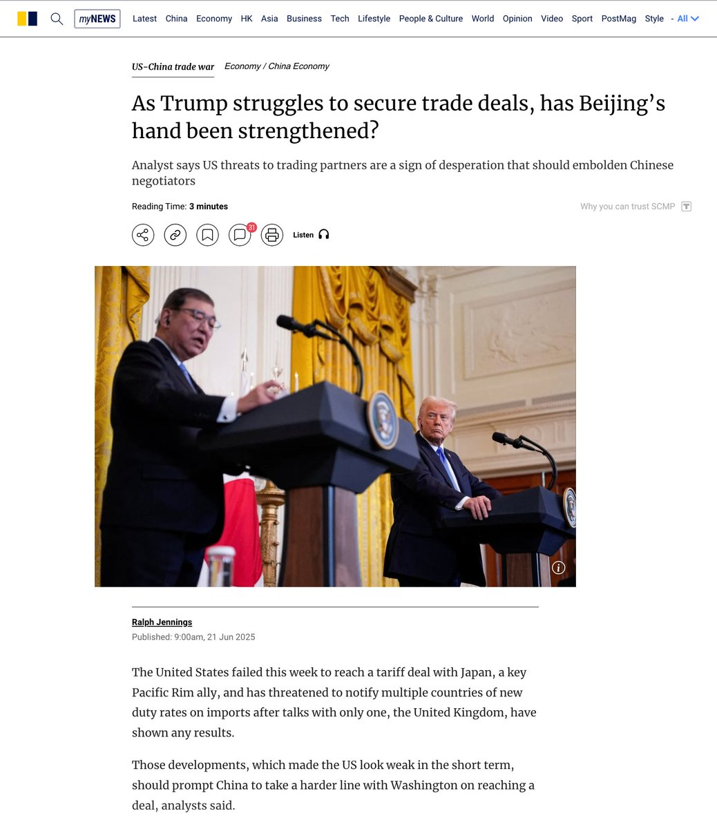 🔻Trump’s tariff war is backfiring - again.
While he brags about “Liberation Day” tariffs, the reality tells a different story.

📰 SCMP: The US failed to reach a deal with Japan. Its threats look more like desperation than strategy.

1/
On April 2, Trump launched “Liberation