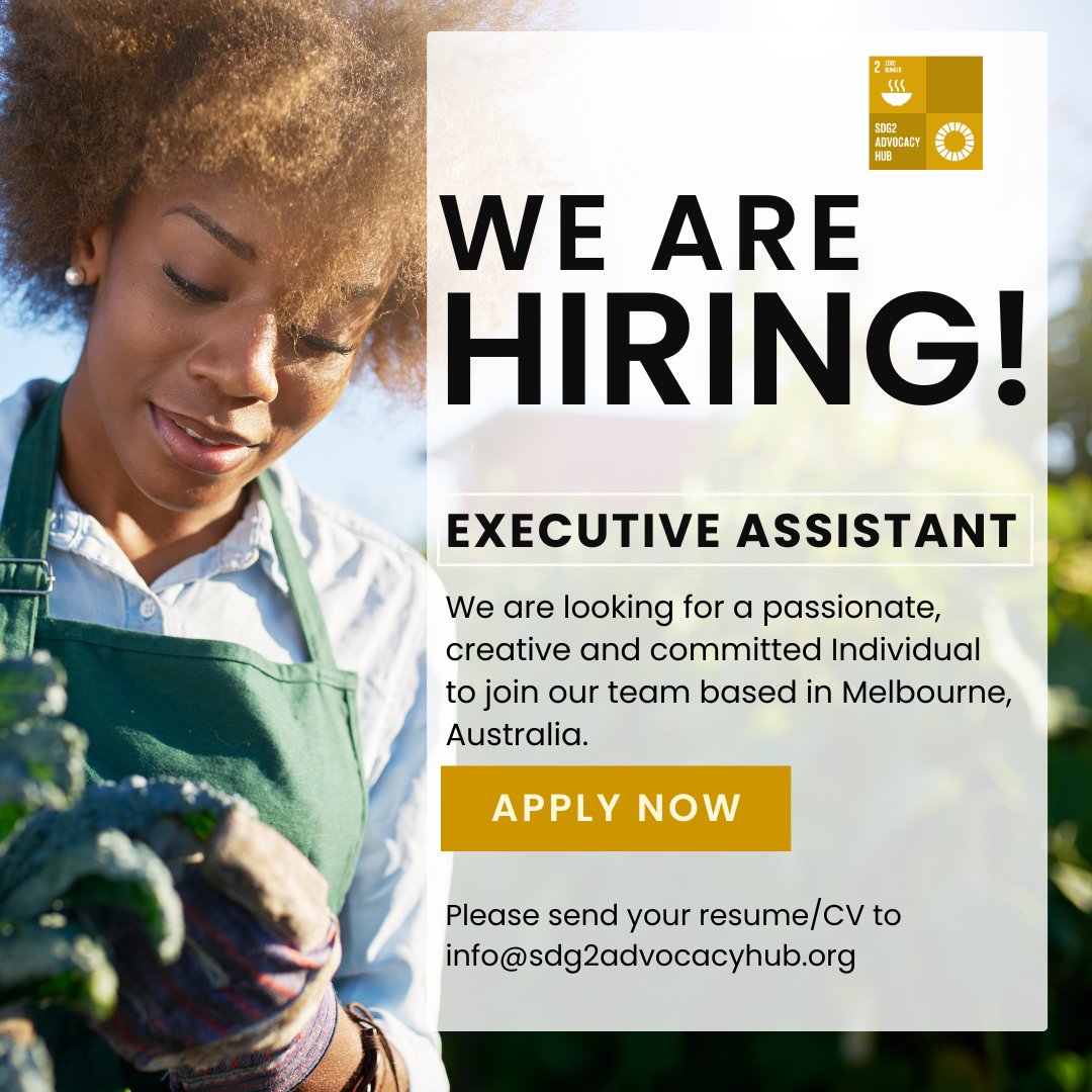 Paul Newnham 🇦🇺 (@paulnewnham) on Twitter photo 🚨The <a href="/SDG2AdvocacyHub/">SDG2AdvocacyHub</a> is hiring: Junior Exec Assistant (Remote – Melbourne)
💼 6-months | Flexible + local meetings
🗓 Apply by 30 June, 5 pm AEST
📥 CV + cover letter to info@sdg2advocacyhub.org
🔗 linkedin.com/jobs/view/4253…
#SDG2 #GlobalImpact 🚨The <a href="/SDG2AdvocacyHub/">SDG2AdvocacyHub</a> is hiring: Junior Exec Assistant (Remote – Melbourne)
💼 6-months | Flexible + local meetings
🗓 Apply by 30 June, 5 pm AEST
📥 CV + cover letter to info@sdg2advocacyhub.org
🔗 linkedin.com/jobs/view/4253…
#SDG2 #GlobalImpact